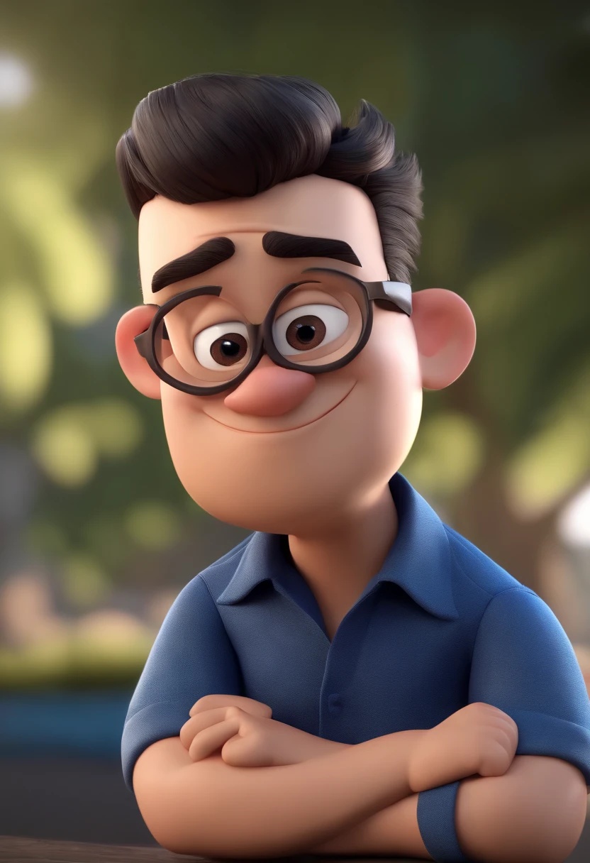 Cartoon character of a man wearing black glasses and a blue shirt, um personagem animado, Caractere estilizado, animation style rendering, 3D estilizado, Arnold Maya render, 3 d render stylized, toon render keyshot, Personagem 3D, Personagem 3D, 3d rendering stylized, 3 d character render, personagem de desenho animado, Personagem de close up, Pose de personagem, (Estilo Pixar) (master part:1.2) (Bokeh) (best quality) (pele detalhada) (textura detalhada) (8k) (argila) (Cinematic lighting) (foco nítido,Senta e vaza a parte superior do corpo
