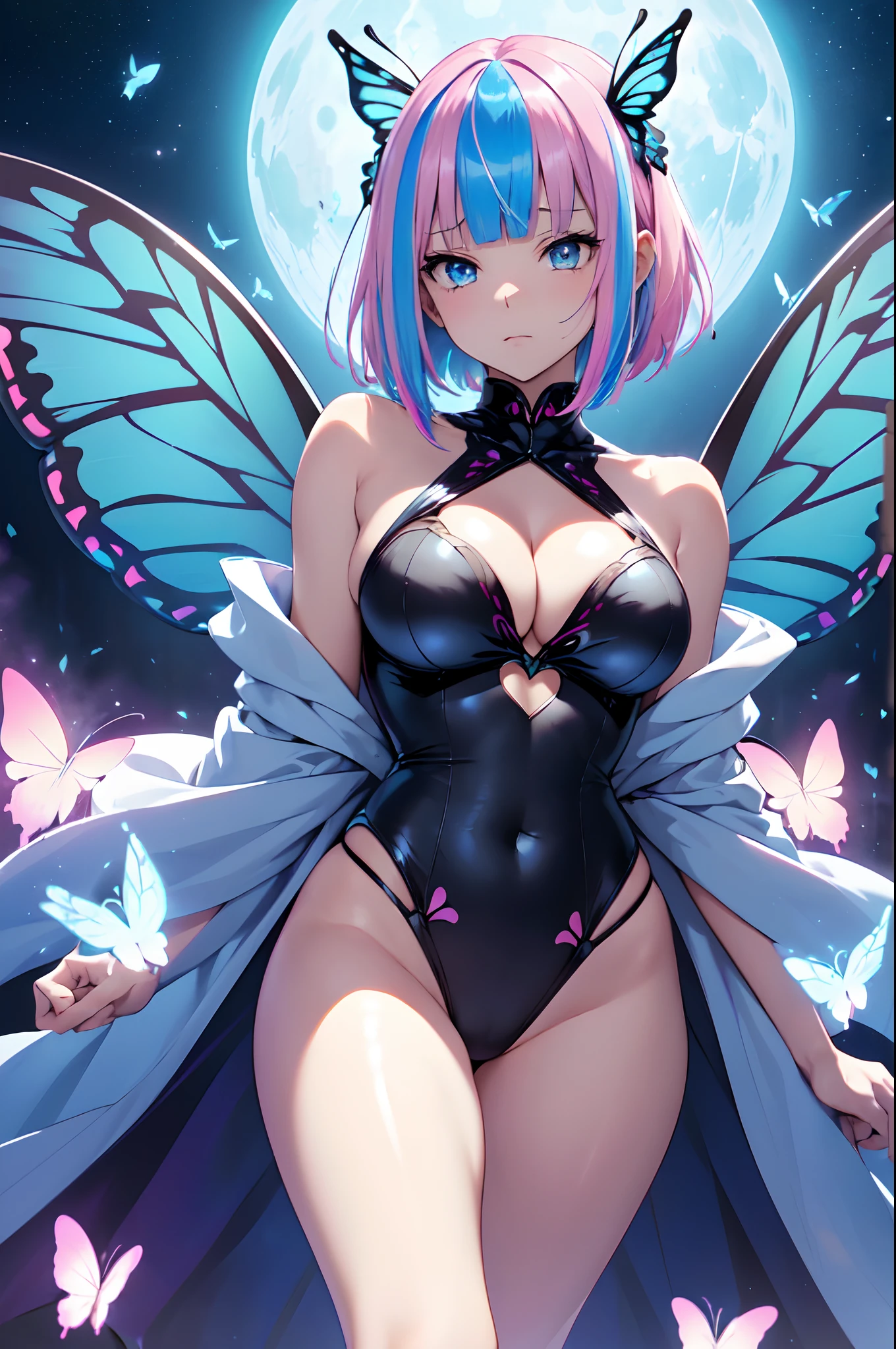 Illustration of a cute bikini model girl, (Anime style:1.2), masutepiece, Best Quality, ultra-detailliert, 4K, absurderes, hight resolution,(((masutepiece, Best Quality)))((masutepiece:1.5)), (Best High Quality, 超A high resolution, The ultra -The high-definition, 4K:1.3),((Perfect hands, Perfect fingers, Perfect legs)),1womanl, Looking at Viewer ,Full body shot, 20 years old, ((Light blue eyes)),((Round eyes)), Sweat, White skin, (((skinny))), Sweat,((Shiny body, Shiny skin,)), (((masutepiece, Best Quality)))((masutepiece:1.5)), (Best High Quality, 超A high resolution, The ultra -The high-definition, 4K:1.3), (((Blunt bangs:1.3))), (((Pink bob hair))), (((blue colored inner hair:1.3))),(((blue streaked hair:1.3))), ((Blue eyes)), ((White skin)),((((Shiny body, Shiny skin,)))), Dynamic Pose , fairy tail, (( Blue glowing eyes)), butterfly hair ornament, (((From above))) , BREAK ,((Midnight)), panoramic shot , glowing butterflies, ((cleavage)), Bare shoulders, piece sign,Black Micro Bikini、Witch Leotard, fullmoon, City lights, Moonlight, ((Butterfly wings)), ((fly, Flying:1.2)), Opens mouth and laughs, Lots of glowing butterflies, flying butterflies, Perfect legs,((intricate designs)) BREAK, (a closeup), Being looked down on, look down from above、((Irritated)),(arms folded),((from below))