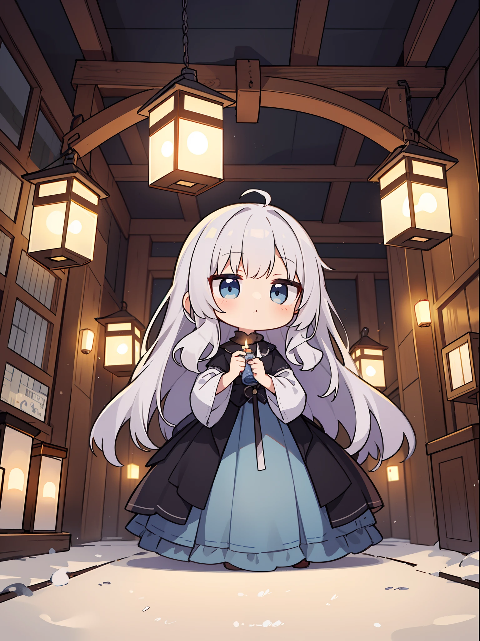 Chibi,silber hair、Light blue eyes、Antique Western-style building、darkened room、Candle lantern in hand、exploring、