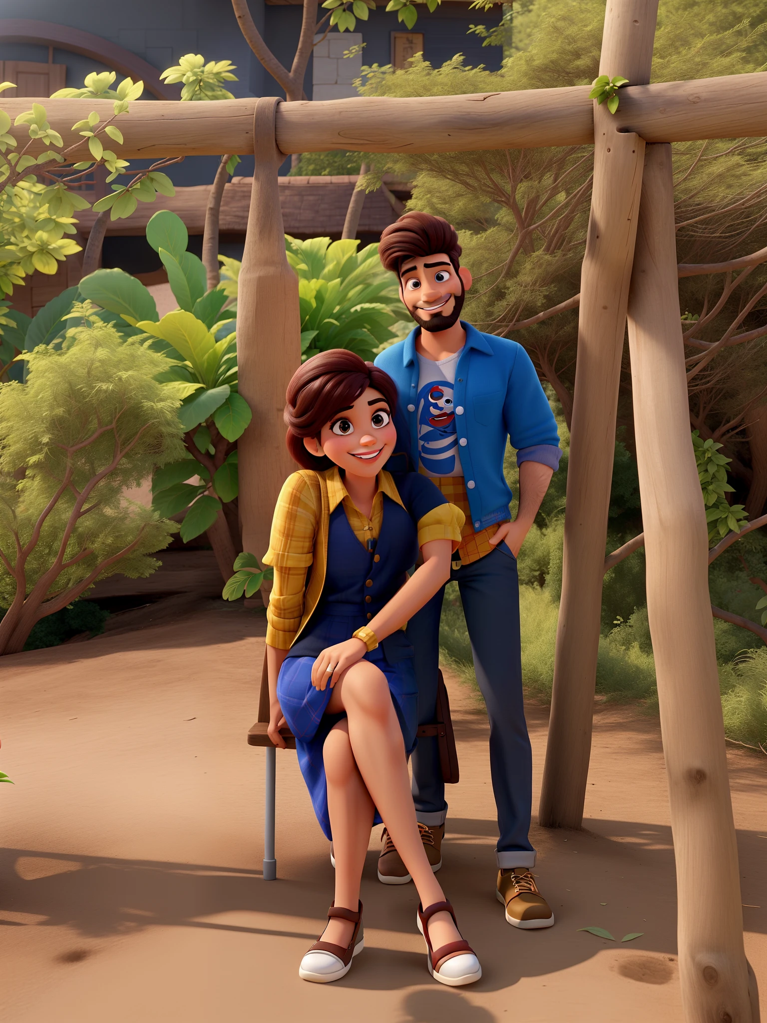casal homem com barba e mulher ambos sorrindo no estilo Disney Pixar, alta qualidade, melhor qualidade, identical to photo