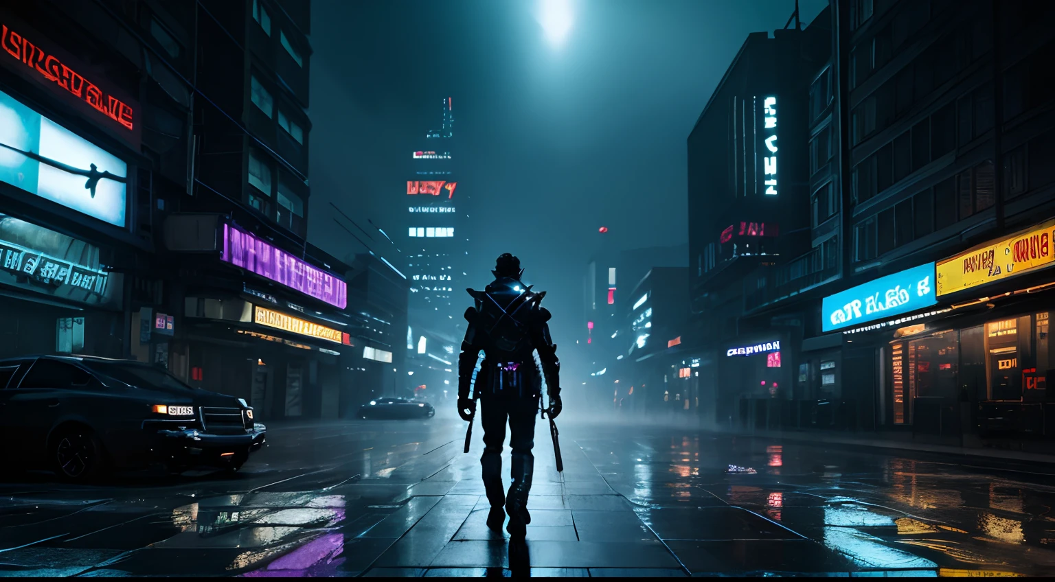 (best quality, highres, masterpiece:1.2), ultra-detailed, realistic:1.37, dark hunter, dark light, inkpunk style, sci-fi, game art, sharp focus, professional, shadowy atmosphere, detailed armor, glowing eyes, mysterious landscape, steampunk elements, urban decay, dark neon colors, post-apocalyptic setting, dystopian city, grim and gritty, moody lighting, smoke and fog, nighttime exploration, dangerous weapons, contrasting shadows and highlights, city skyline silhouette, sleek and futuristic design, mechanical augmentations, cybernetic implants,bgothic architecture, cyberpunk aesthetics, gritty textures, ethereal and haunting, enchanted forest, shadow creatures lurking, action-packed scene, motion blur, ominous and suspenseful, nighttime rain, metallic textures, unique character design, neon signs reflecting on wet pavement, post-processing effects