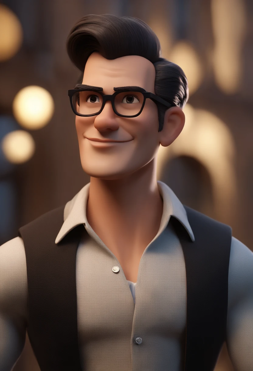Cartoon character of a man with black glasses, cabelo cacheado marrom escuro e uma camisa azul, animation character, Caractere estilizado, animation style rendering, 3D estilizado, Arnold Maya render, 3 d render stylized, toon render keyshot, Personagem 3D, Personagem 3D, 3d rendering stylized, 3 d character render, personagem de desenho animado, Personagem de close up, Pose de personagem,  (Estilo Pixar) (master part:1.2) (Bokeh) (best quality) (pele detalhada) (textura detalhada) (8k) (argila) (Cinematic lighting) (foco nítido
