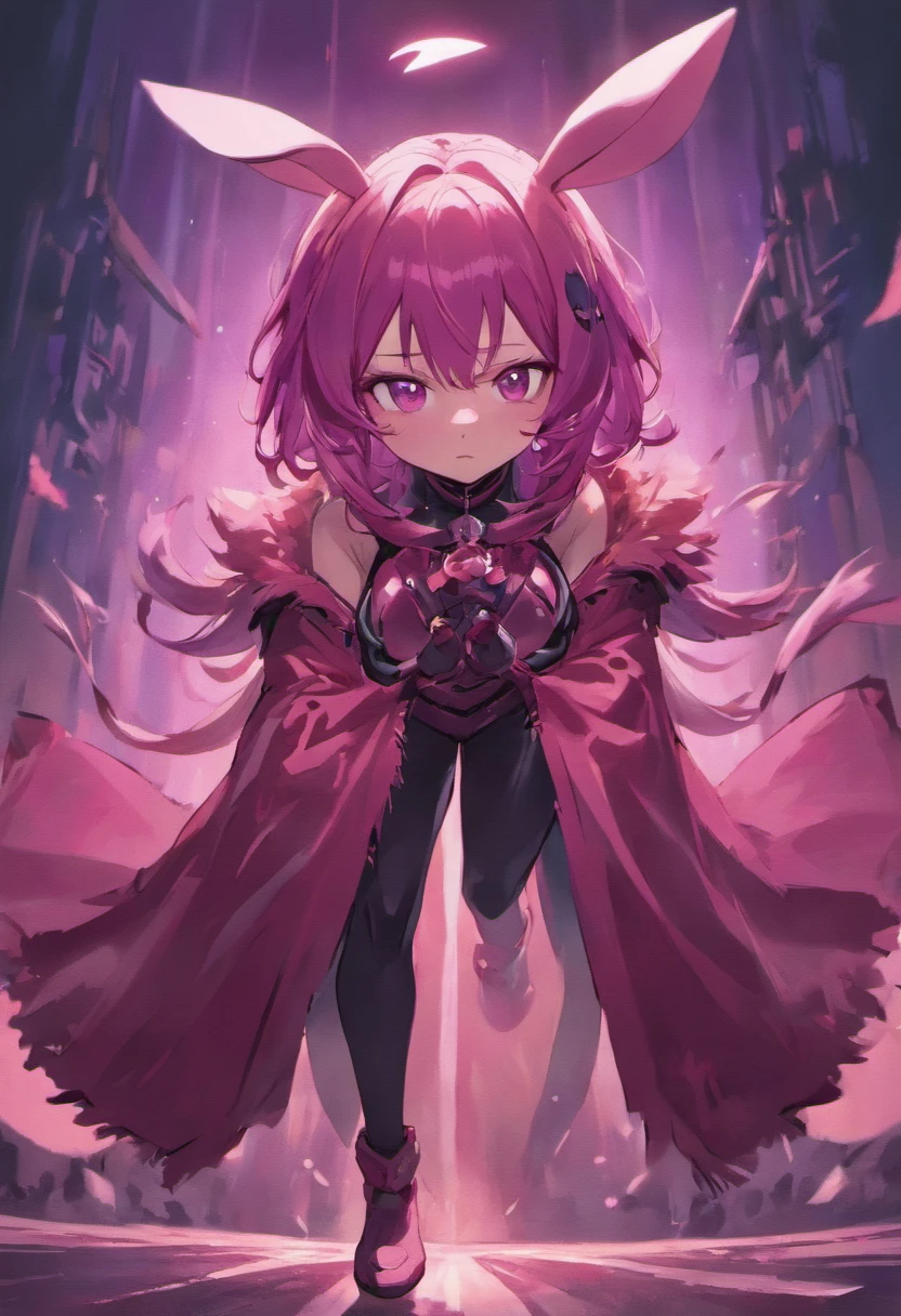 A fully armored female character with bunny ears, a cat tail, magenta hair, dark magenta eyes, brown skin, a large ragged cloth-like cape wrapped around her waist, chest armor, a gauntlet, a black long sleeve shirt under armor, and baggy puffy pants is crying and drooling on the ground, holding her  after receiving a low blow.