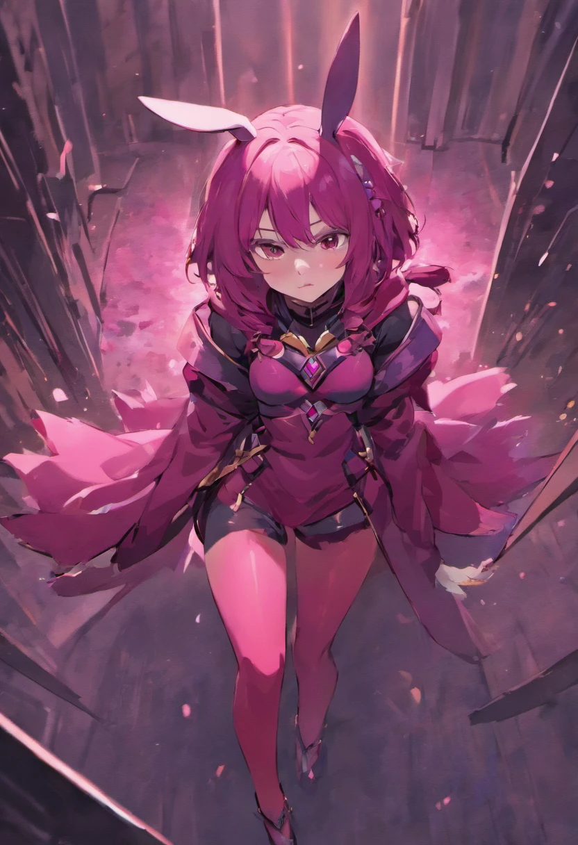 A fully armored female character with bunny ears, a cat tail, magenta hair, dark magenta eyes, brown skin, a large ragged cloth-like cape wrapped around her waist, chest armor, a gauntlet, a black long sleeve shirt under armor, and baggy puffy pants is crying and drooling on the ground, holding her private part after receiving a low blow.