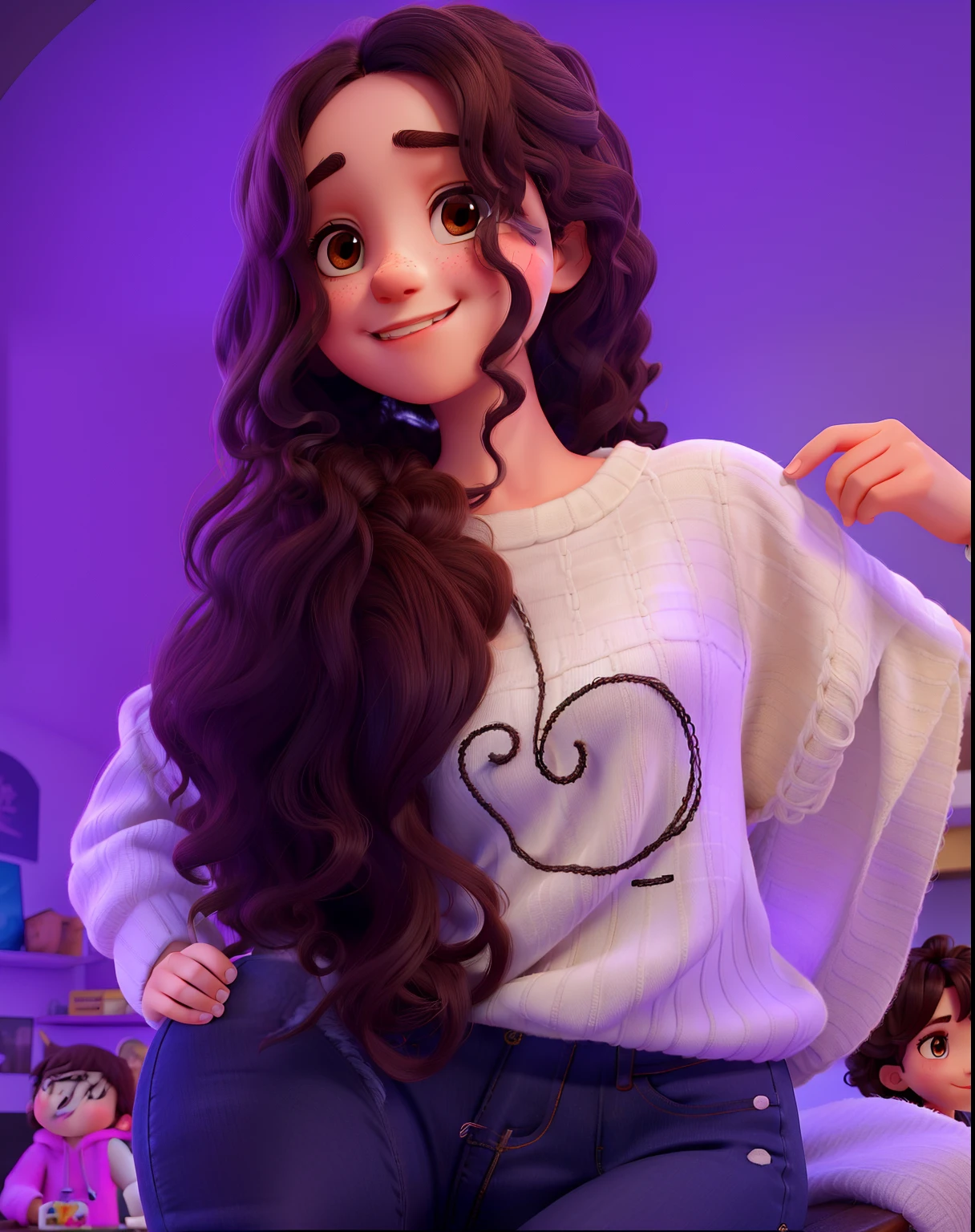 A beautiful girl with medium curly hair with bangs and dark brown, Dark eyes in jeans and white knitting smiling