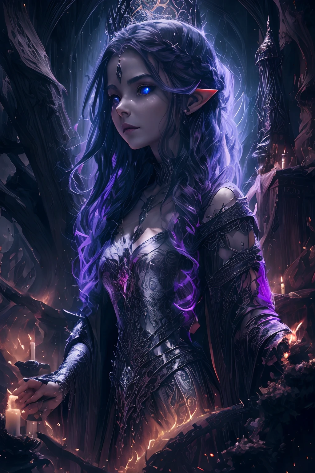 Dark demon goddess, dark throne, silver crown, pointy ears, beautiful, braided magenta hair, long silver dress, with gold endings, mystical, dark magic, mist, old castle, moonlight,