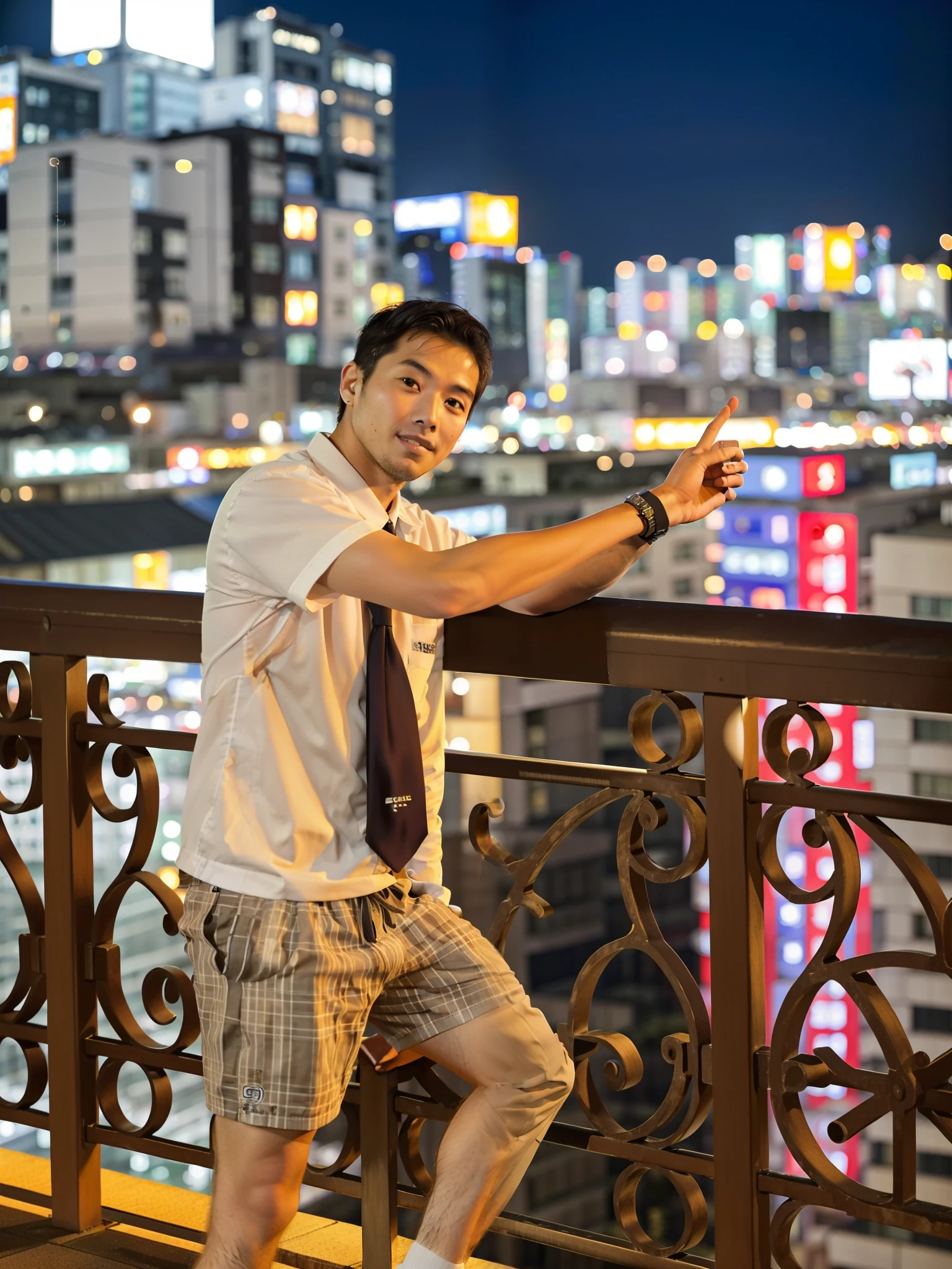 An ultra-high picture quality,animesque,Cool man standing on balcony overlooking city at night, Future neon lights on the roof, on rooftop tokyo night, with a city in the background, On the rooftop, captured on canon eos r 6, standing on the rooftop, taken with canon eos 5 d mark iv, taken with sony a7r camera, standing on the rooftop, At night, vacation photo
