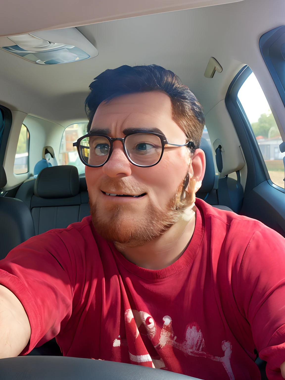 A movie poster in the Disney pixar art style with the title toy story, the character is a man sitting in the car with his face slightly turned to the side and a red beard wearing glasses, exactly as in the image.