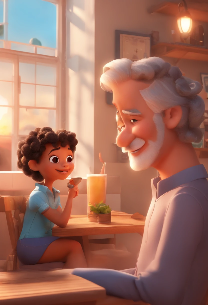 An illustration of an adorable couple, Destacando um homem e uma mulher com beleza, Expressive eyes – the man's hair is bald and gray and he has a full beard, while the woman's curly hair is tied up in a bun and dark brown. They are a bright space, Todos com um sorriso no rosto, e compartilhe um momento especial, That is marked by love, viagem, and pedagogical insights. Ilustre esta cena a partir de uma perspectiva, where they're facing away from the camera, Show Your Connection. Desenvolva esta arte em Full HD, Focus on your cinematic touch, Estilo Disney Pixar Animations