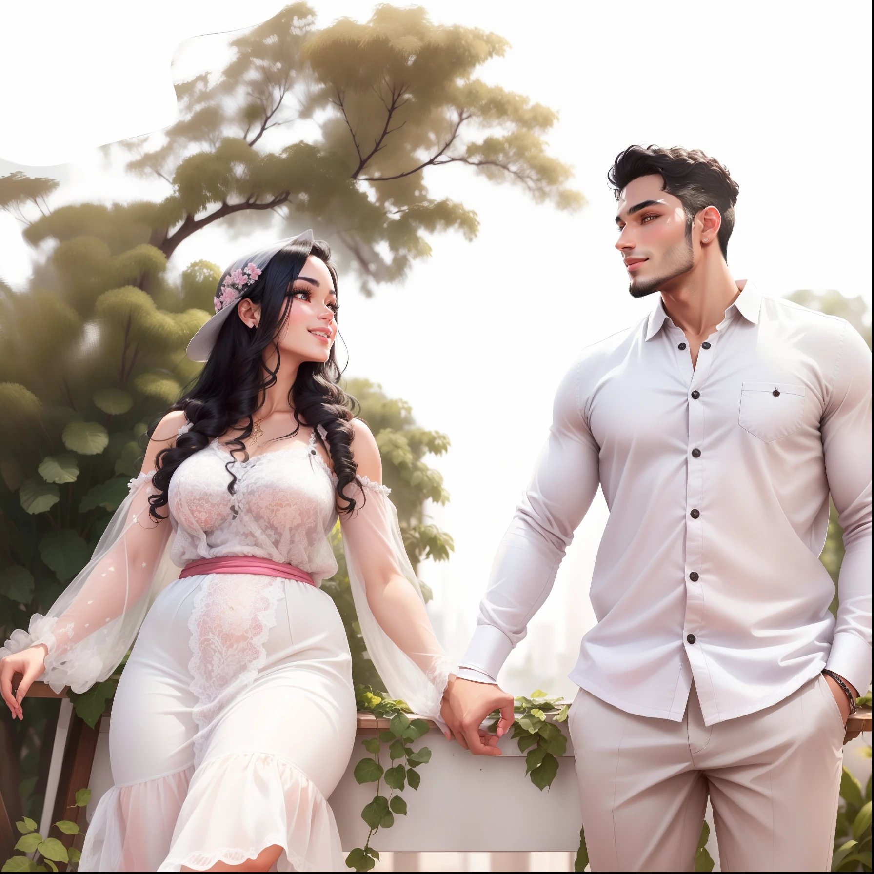 (best quality,highres,realistic), portrait, a beautiful woman with black hair, a handsome man with fair skin and black hair, detailed facial features, alluring eyes, captivating smiles, intimate gaze, stylish clothing, in a romantic setting, warm lighting, natural poses, artistic composition, vivid colors, soft and natural hair texture