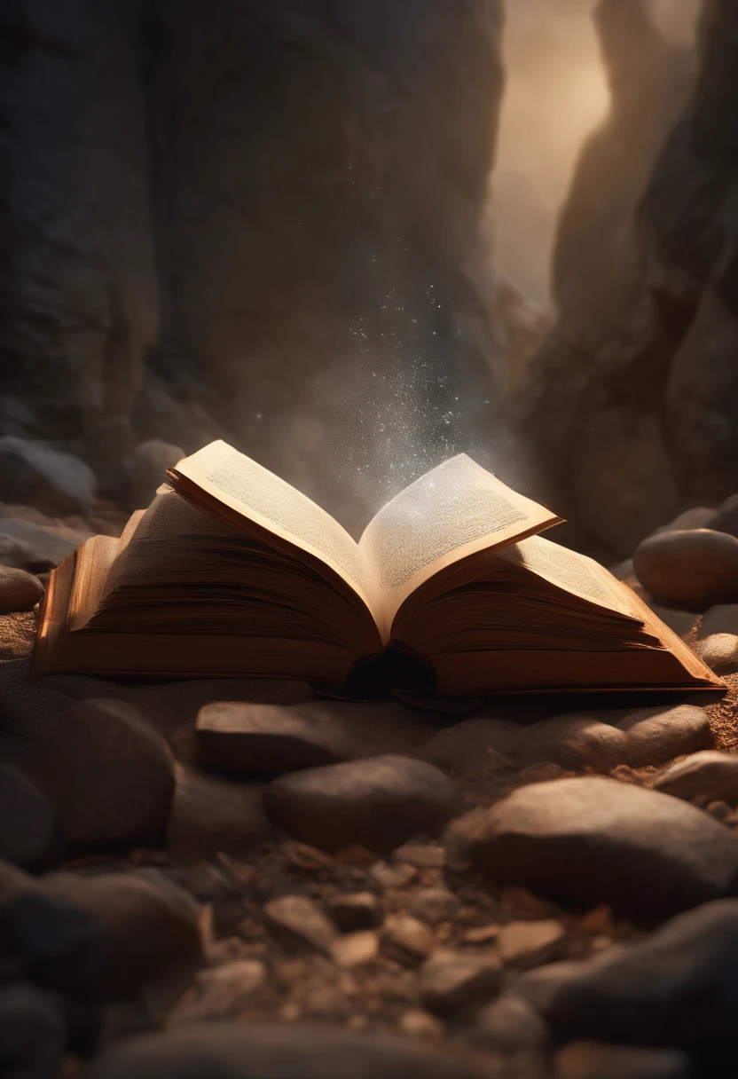 best quality, 8k, word (CLIMAX) written in broken stone style, coming out of a book, light in front