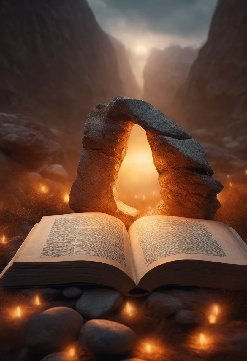 best quality, 8k, word (CLIMAX) written in broken stone style, coming out of a book, light in front