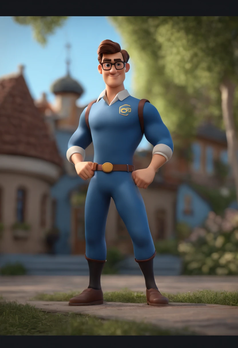 Cartoon character of a man wearing black glasses and a blue shirt, um personagem animado, Caractere estilizado, animation style rendering, 3D estilizado, Arnold Maya render, 3 d render stylized, toon render keyshot, Personagem 3D, Personagem 3D, 3d rendering stylized, 3 d character render, personagem de desenho animado, Personagem de close up, Pose de personagem, (Estilo Pixar) (master part:1.2) (Bokeh) (best quality) (pele detalhada) (textura detalhada) (8k) (argila) (Cinematic lighting) (foco nítido,Senta e vaza a parte superior do corpo