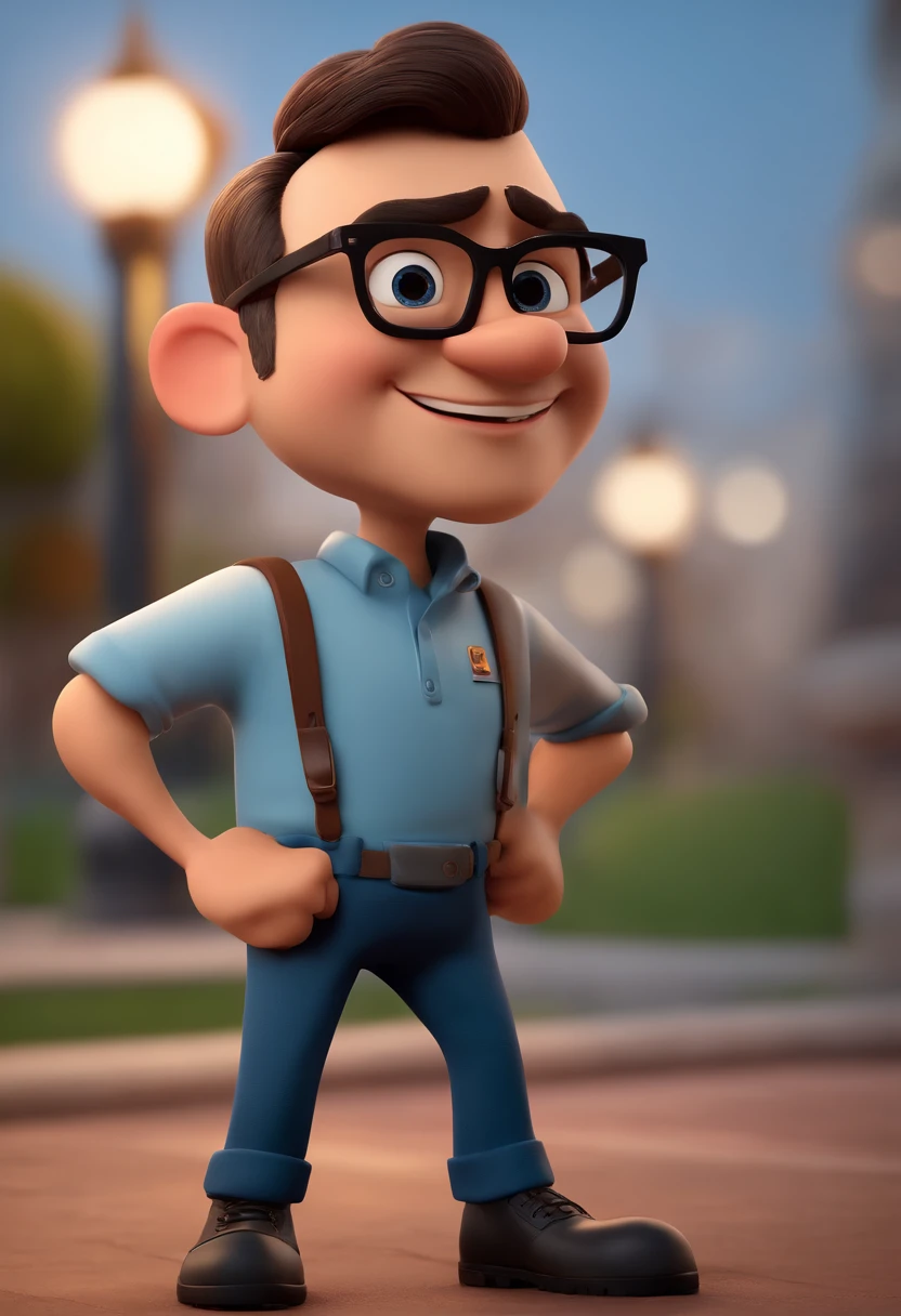Cartoon character of a man with black glasses and a blue shirt, animation character, Caractere estilizado, animation style rendering, 3D estilizado, Arnold Maya render, 3 d render stylized, toon render keyshot, Personagem 3D, Personagem 3D, 3d rendering stylized, 3 d character render, personagem de desenho animado, Personagem de close up, Pose de personagem,  (Estilo Pixar) (master part:1.2) (Bokeh) (best quality) (pele detalhada) (textura detalhada) (8k) (argila) (Cinematic lighting) (foco nítido