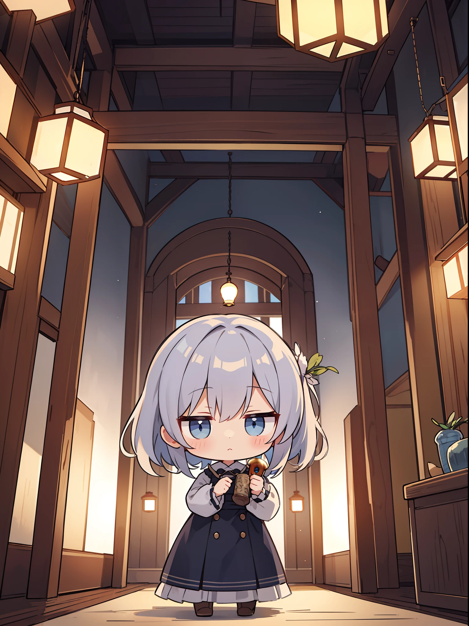 Chibi,silber hair、Light blue eyes、Antique Western-style building、darkened room、Candle lantern in hand、exploring、