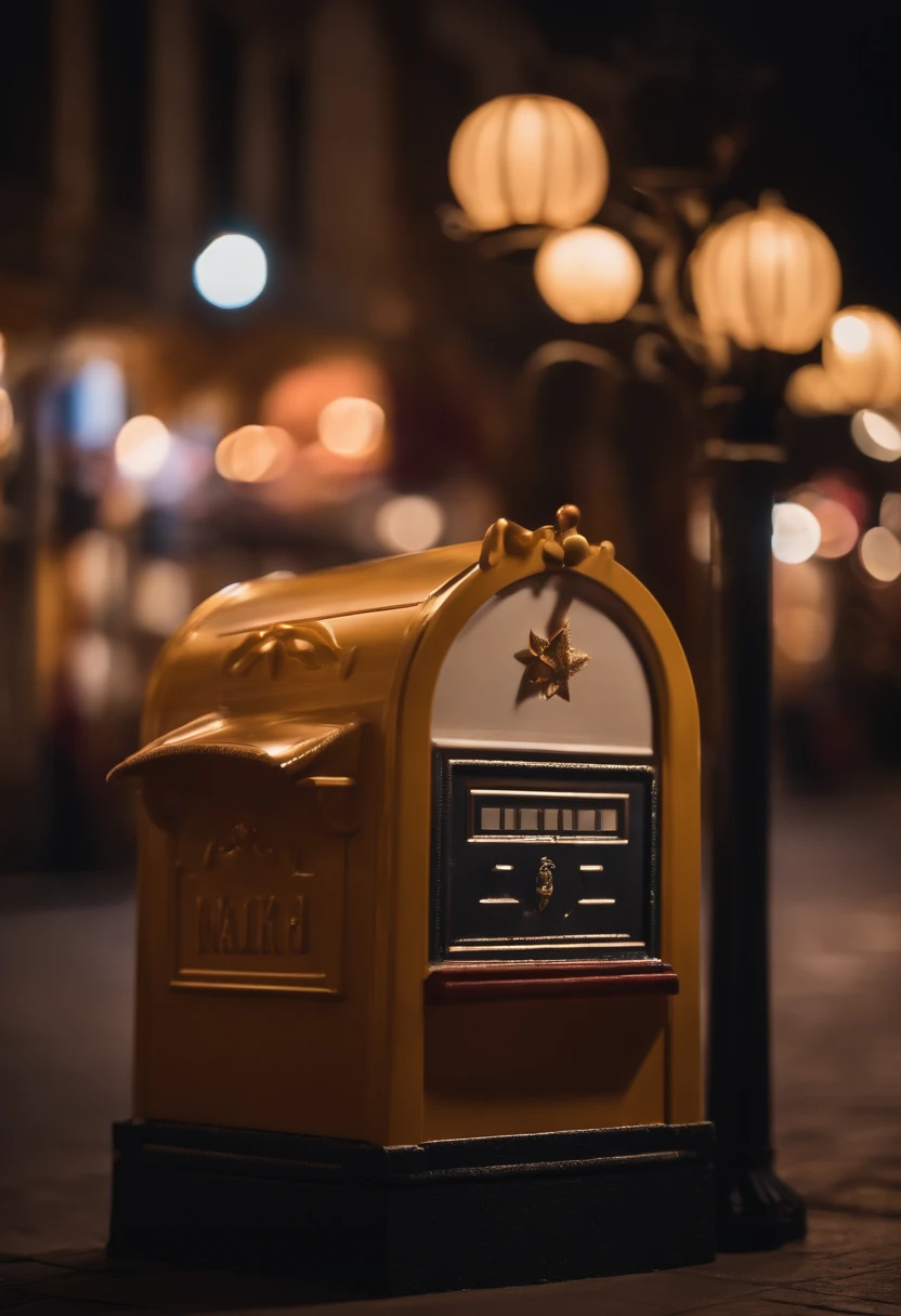 Mailbox next to toy showcase, exterior, nocturno, holiday vibe, luz suave y calida. Hiperrealista.