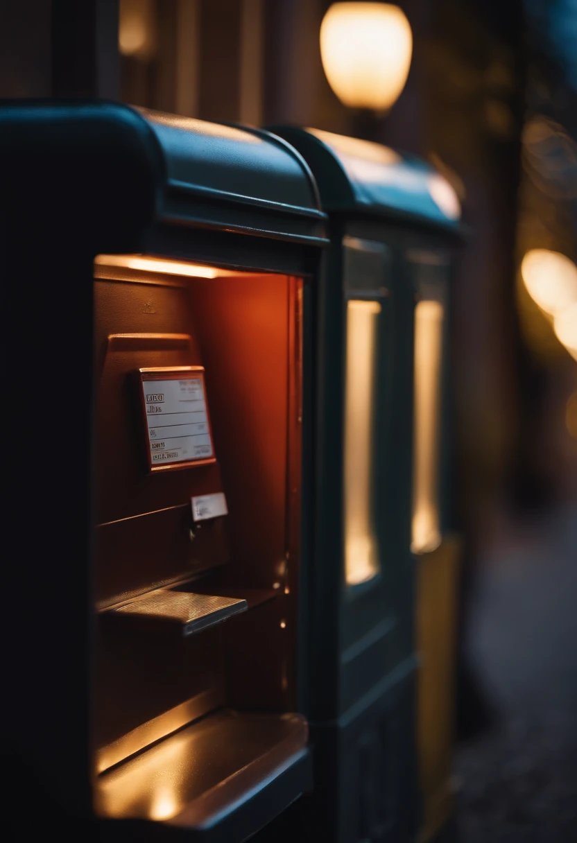 Mailbox next to toy showcase, exterior, nocturno, holiday vibe, luz suave y calida. Hiperrealista.