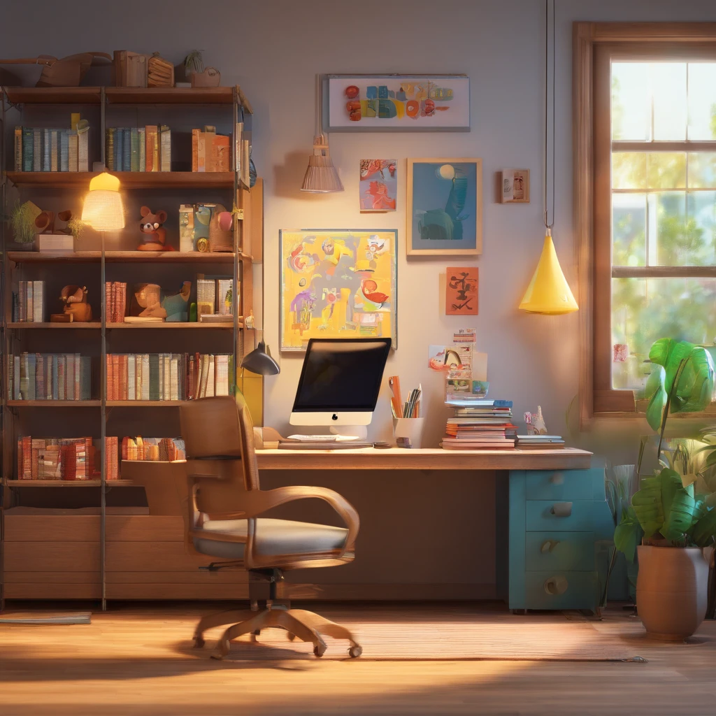 Crie um cartaz inspirado na Disney Pixar com a personagem com cabelo longo e escuro, In an office with a book on the table