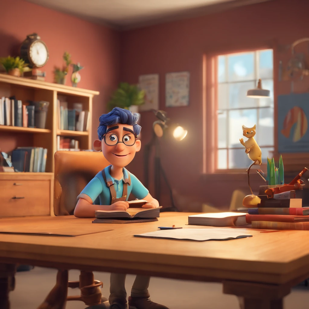Crie um cartaz inspirado na Disney Pixar com a personagem com cabelo longo e escuro, In an office with a book on the table