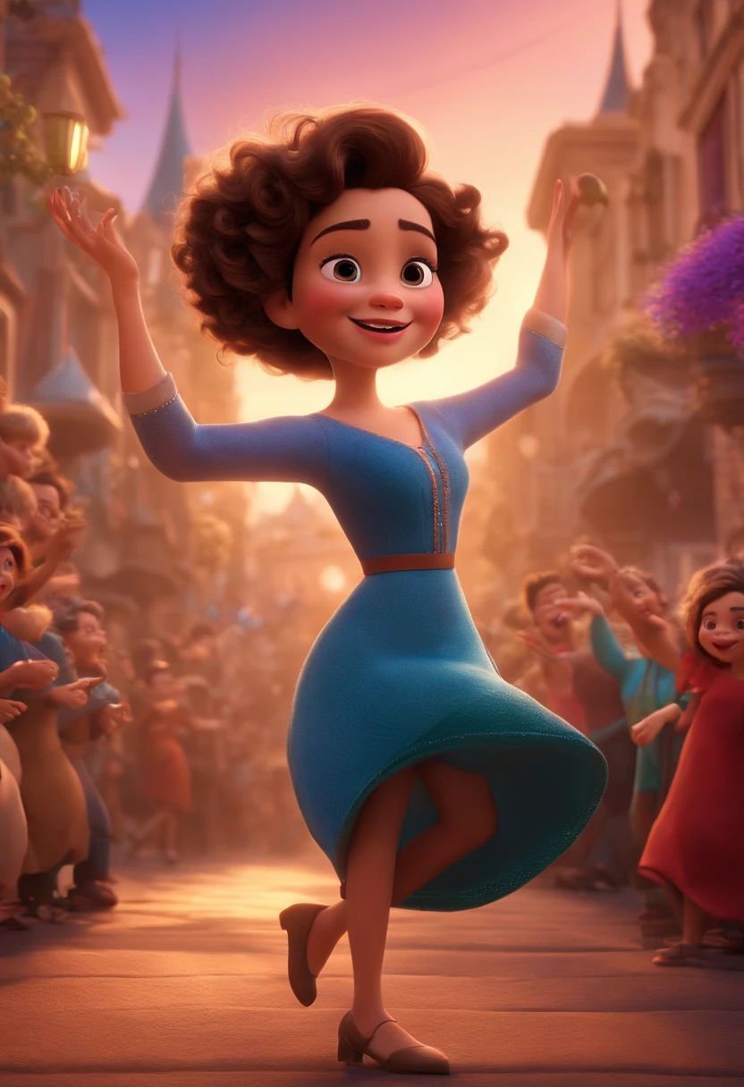 Pixar style image with 3D character white glasses brunette woman short curly hair dancing, Maquiagem Disney,Pescador, bonitinho, sorridente ,Close-up, Pixar, Disney, Cinema lighting,