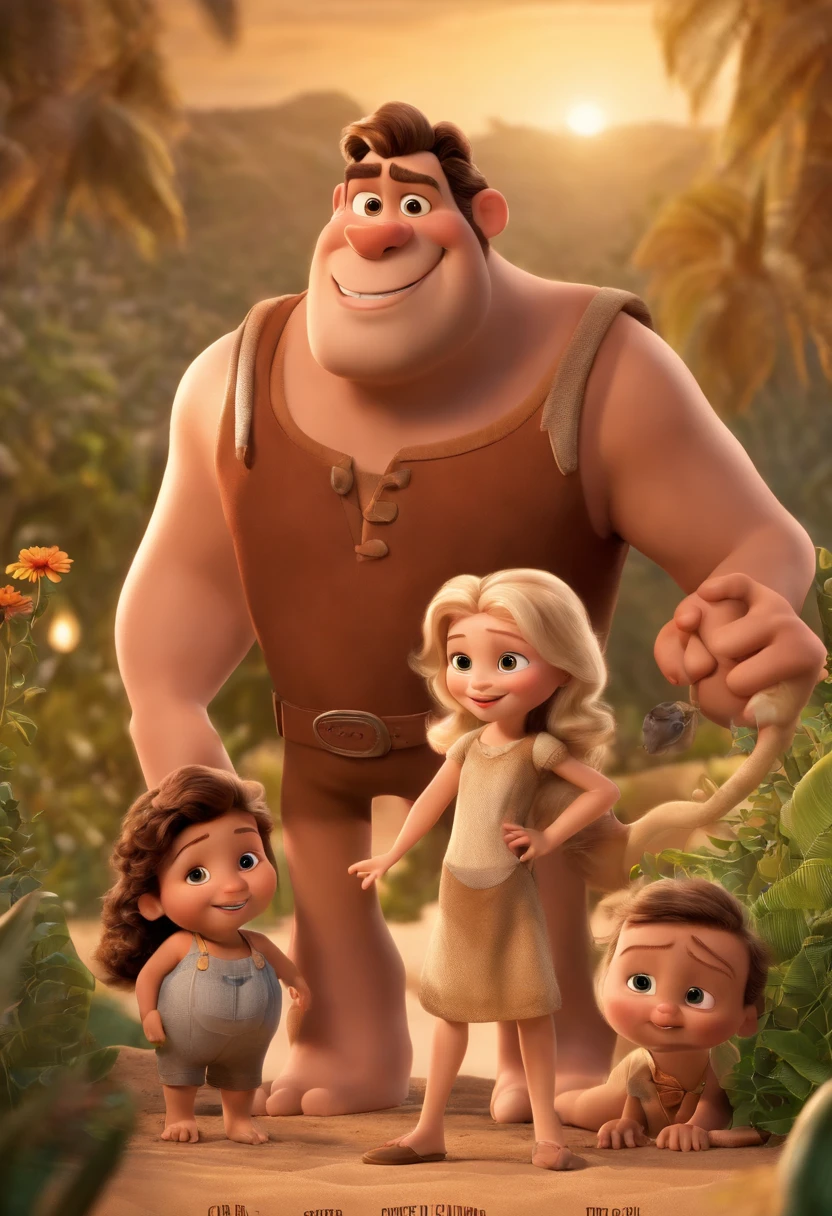 a Disney Pixar movie poster showing a white-skinned family. The father is the tallest, Tem barba curta, loiro, cabelos curtos e espinhosos. The mother has brown eyes and hair, shoulder-length and is slightly overweight. A tem 4 anos e cabelos castanhos, roupa rosa e rabos de cavalo. The background is a beach garden. 3D-rendering