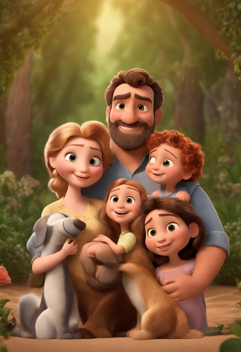a Disney Pixar movie poster showing a white-skinned family. The father is the tallest, Tem barba curta, loiro, cabelos curtos e espinhosos. The mother has brown eyes and hair, shoulder-length and is slightly overweight. A menina tem 4 anos e cabelos castanhos, roupa rosa e rabos de cavalo. The background is a beach garden. 3D-rendering