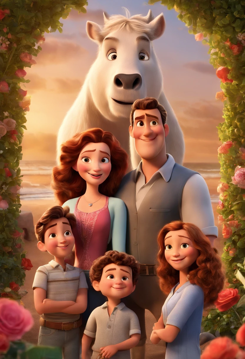 a Disney Pixar movie poster showing a white-skinned family. The father is the tallest, Tem barba curta, loiro, cabelos curtos e espinhosos. The mother has brown eyes and hair, shoulder-length and is slightly overweight. A menina tem 4 anos e cabelos castanhos, roupa rosa e rabos de cavalo. The background is a beach garden. 3D-rendering