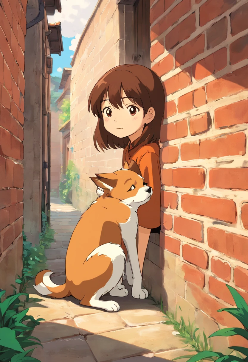Rapaz moreno ,segurando cachorro marrom no colo,Behind brick wall