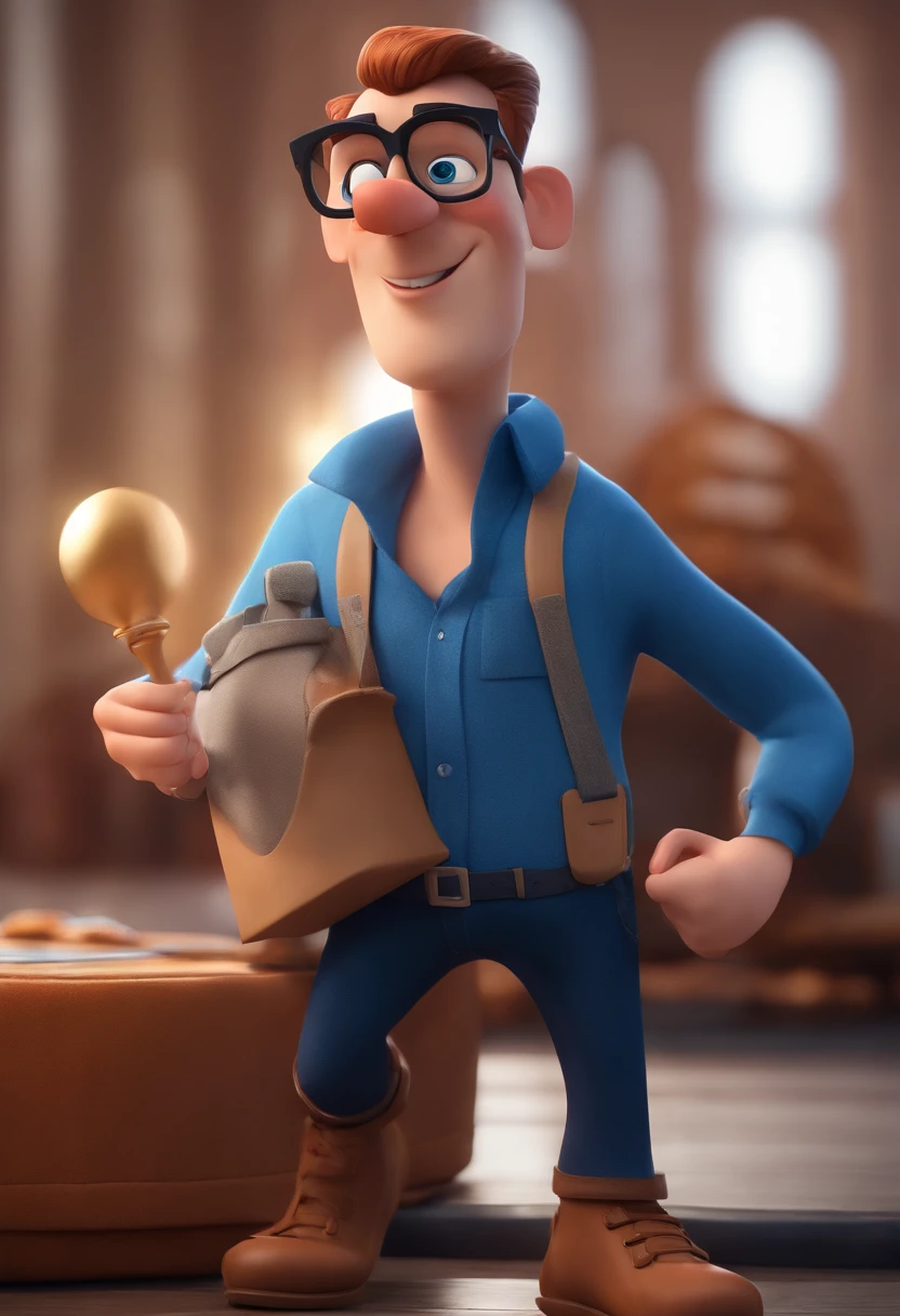 Cartoon character of a man wearing black glasses and a blue shirt, um personagem animado, Caractere estilizado, animation style rendering, 3D estilizado, Arnold Maya render, 3 d render stylized, toon render keyshot, Personagem 3D, Personagem 3D, 3d rendering stylized, 3 d character render, personagem de desenho animado, Personagem de close up, Pose de personagem, (Estilo Pixar) (master part:1.2) (Bokeh) (best quality) (pele detalhada) (textura detalhada) (8k) (argila) (Cinematic lighting) (foco nítido,Senta e vaza a parte superior do corpo