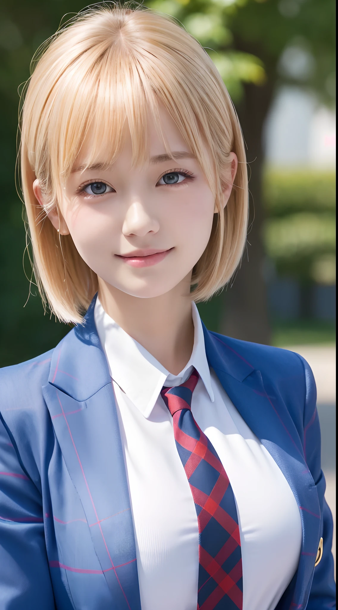 masutepiece,Best Quality,Ultra-detailed,finely detail,hight resolution,in 8K,((Photorealsitic:1.4,Raw photography,超A high resolution,Top image quality:1.4)),masutepiece、Best Quality、 ultra-detailliert、hight resolution、8K Wallpapers、Perfect dynamic composition,、Beautiful detailed eyes、(Beautiful breasts:1.1) 、Blue Blazer、student clothes、white  shirt、red necktie、plaid skirts、1girl in、a beauty girl、High school students、Blonde head hair、(a blond)short-cut、Hide the left eye with bangs、Red Eyes、ssmile