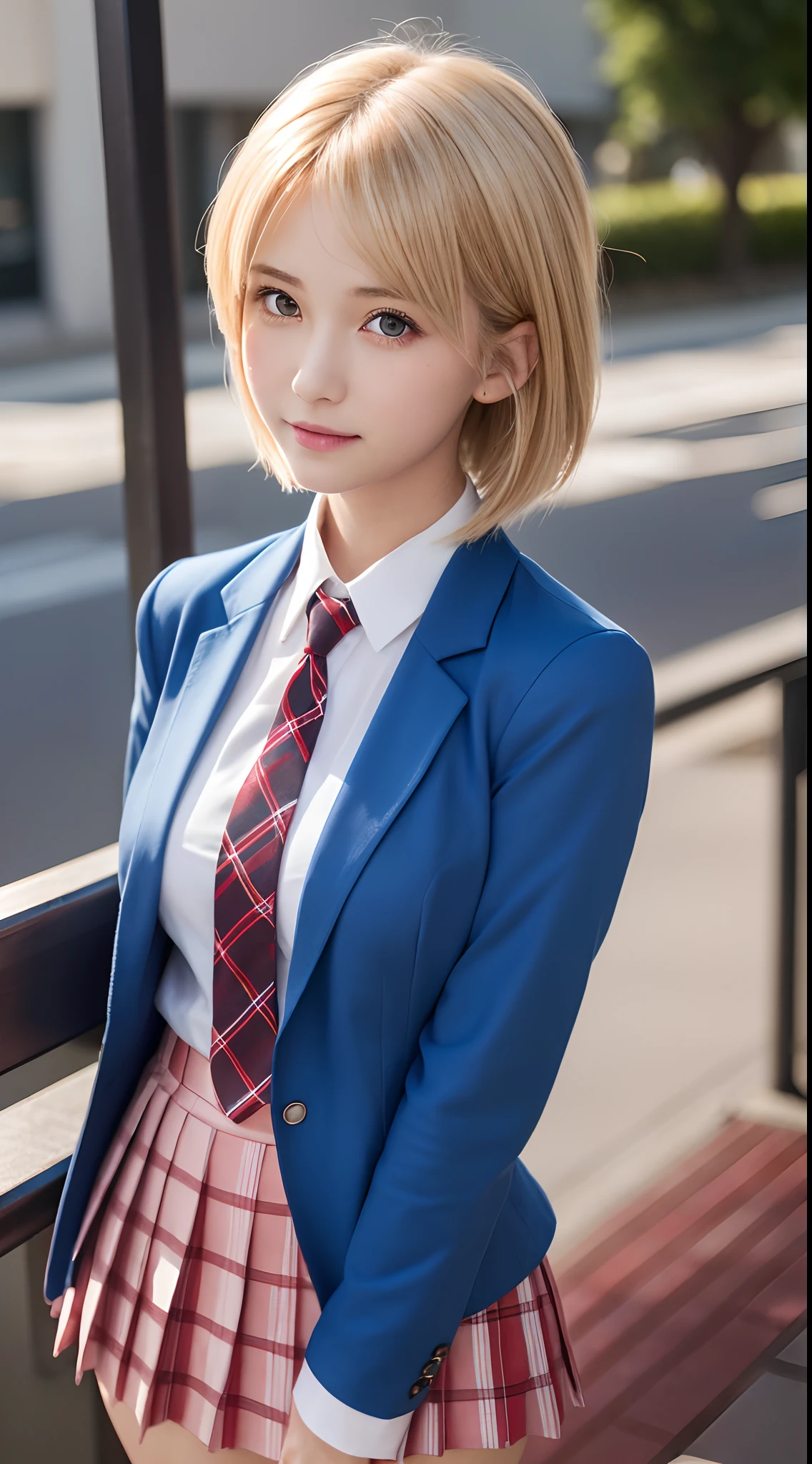 masutepiece,Best Quality,Ultra-detailed,finely detail,hight resolution,in 8K,((Photorealsitic:1.4,Raw photography,超A high resolution,Top image quality:1.4)),masutepiece、Best Quality、 ultra-detailliert、hight resolution、8K Wallpapers、Perfect dynamic composition,、Beautiful detailed eyes、(Beautiful breasts:1.1) 、Blue Blazer、student clothes、white  shirt、red necktie、Plaid brown skirt、1girl in、a beauty girl、High school students、Blonde head hair、(a blond)short-cut、Hide your left eye with your hair、Red Eyes、ssmile