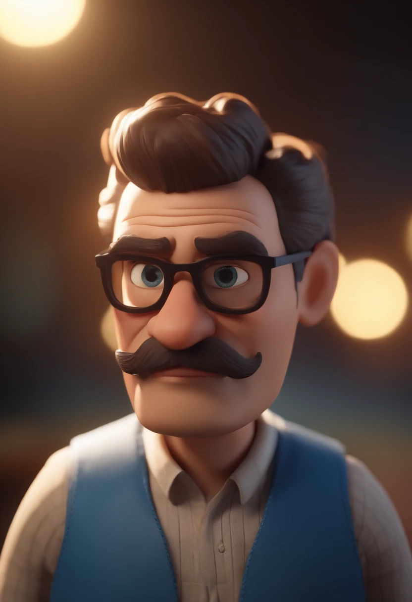 Cartoon character of a man with black glasses, cabelo grisalho e uma camisa azul, animation character, Caractere estilizado, animation style rendering, 3D estilizado, Arnold Maya render, 3 d render stylized, toon render keyshot, Personagem 3D, Personagem 3D, 3d rendering stylized, 3 d character render, personagem de desenho animado, Personagem de close up, Pose de personagem,  (Estilo Pixar) (master part:1.2) (Bokeh) (best quality) (pele detalhada) (textura detalhada) (8k) (argila) (Cinematic lighting) (foco nítido