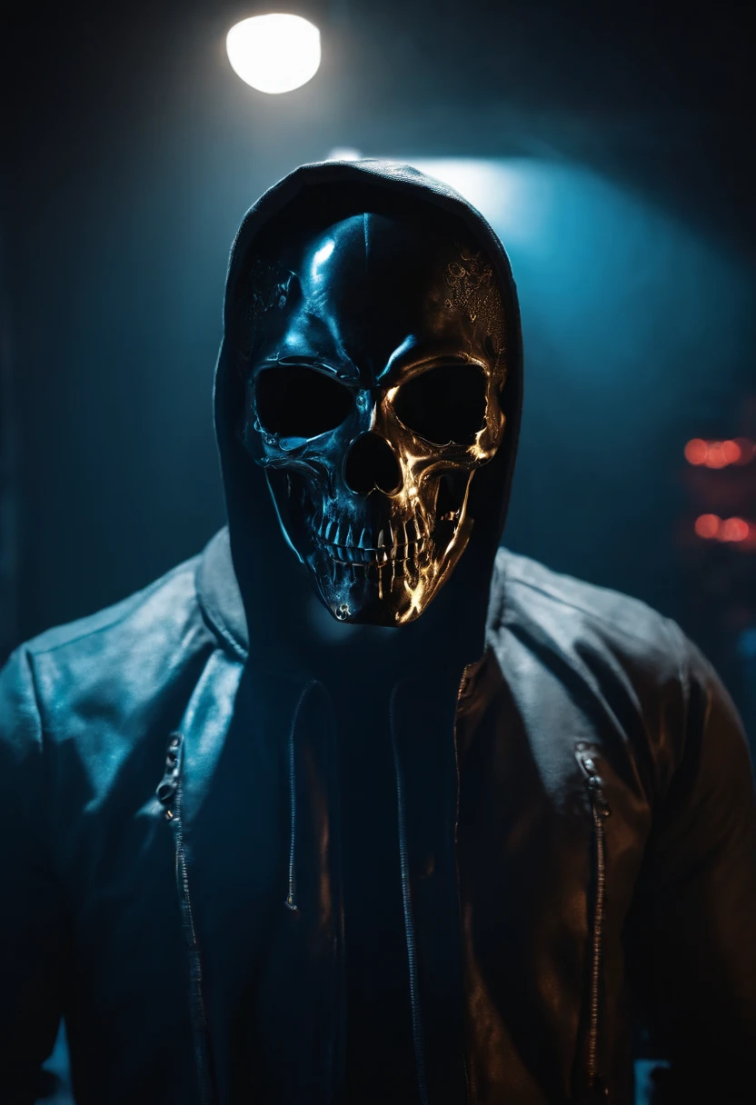 person. Dense physique. Hacker's Skull Mask. Against the background of a dark room with blue lighting.