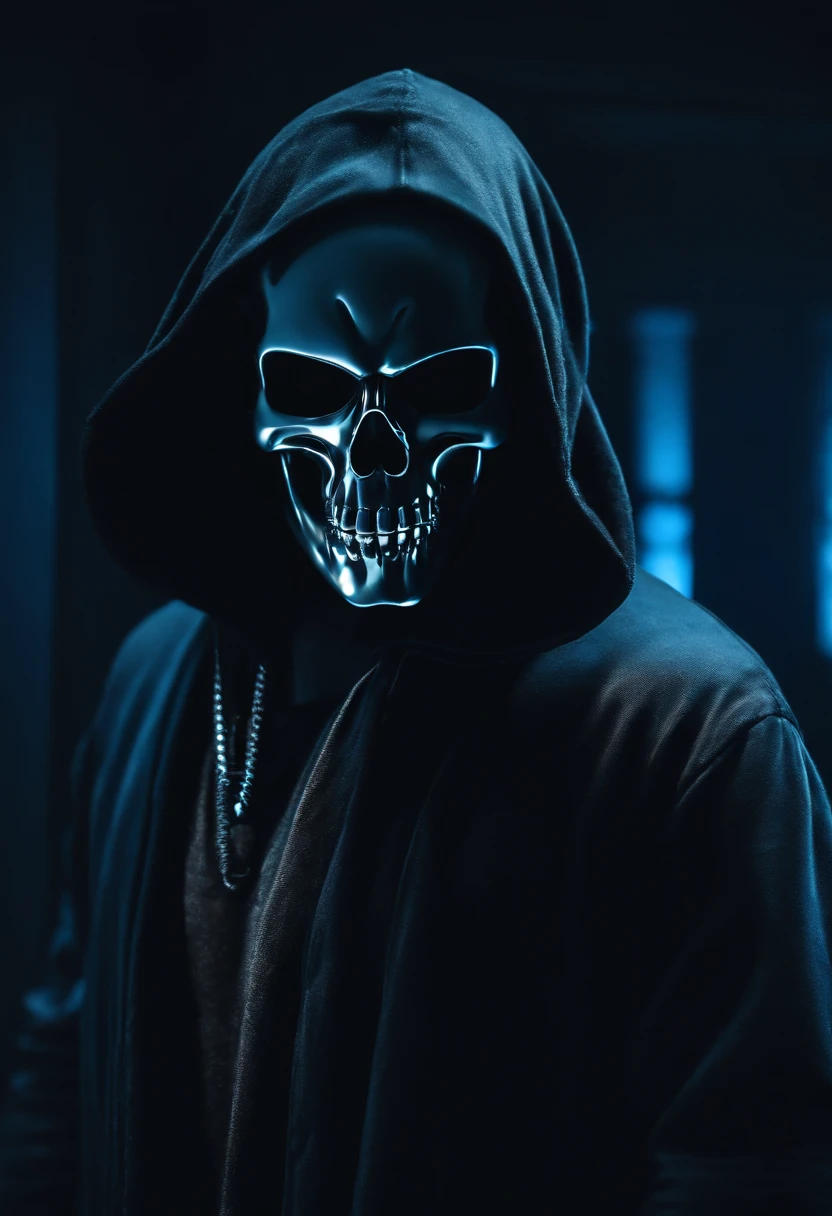 Skeletal skull wearing black hat and suit, com olhos azuis brilhantes masculino