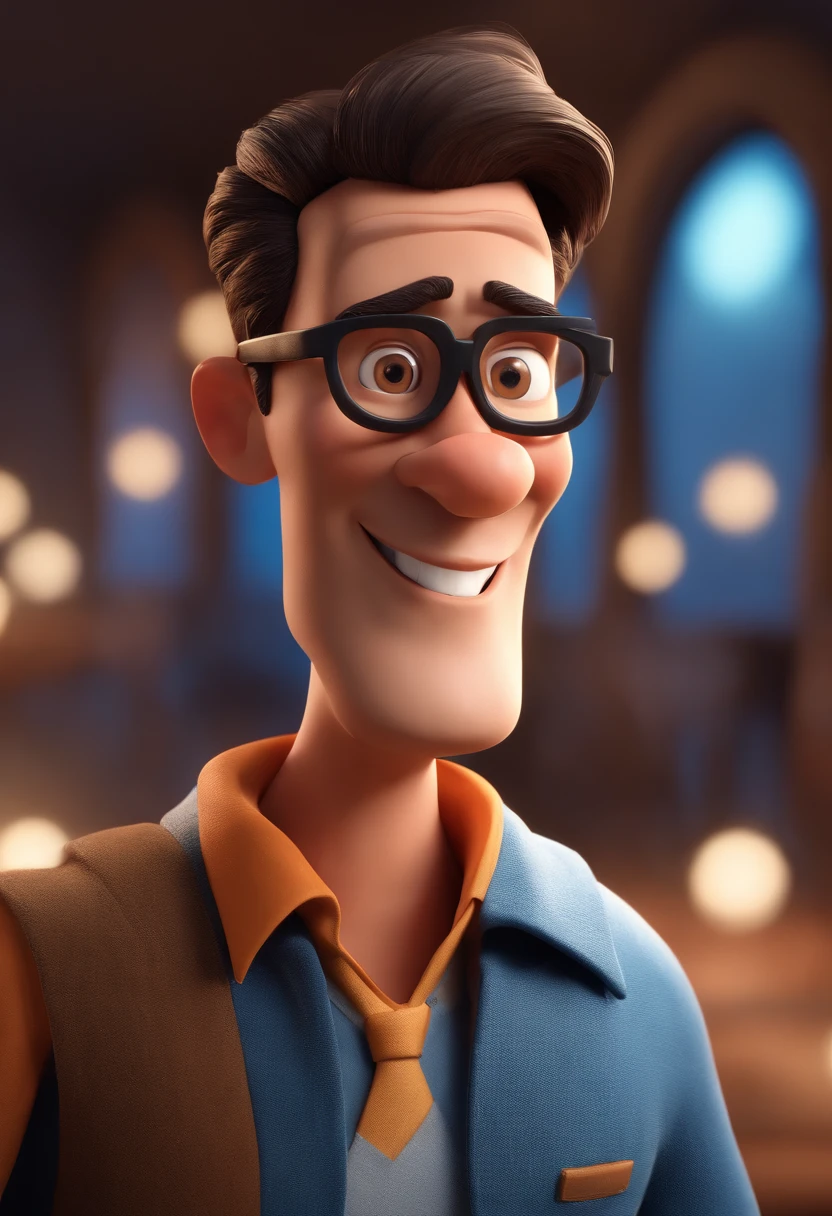 Cartoon character of a man with black glasses and a blue shirt, animation character, Caractere estilizado, animation style rendering, 3D estilizado, Arnold Maya render, 3 d render stylized, toon render keyshot, Personagem 3D, Personagem 3D, 3d rendering stylized, 3 d character render, personagem de desenho animado, Personagem de close up, Pose de personagem, (Estilo Pixar) (master part:1.2) (Bokeh) (best quality) (pele detalhada) (textura detalhada) (8k) (argila) (Cinematic lighting) (foco nítido