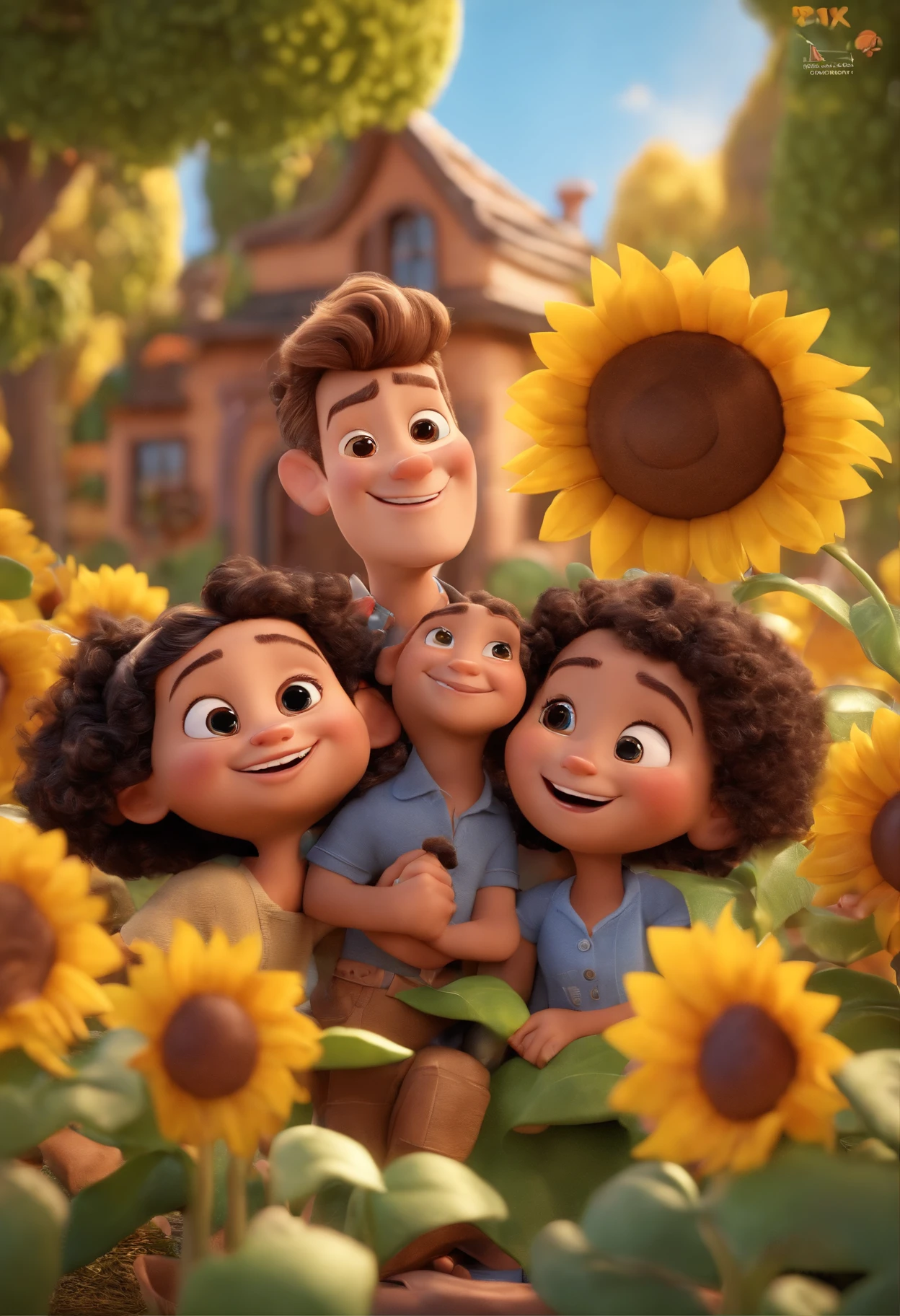 Create a Disney PIXAR-style 3D poster. ((centro da imagem, Triplets)), ((3 children)) ((1 menino no meio e 2 meninas ao lado, They're hugging each other, O menino tem pele castanha e cabelos castanhos escuros e olhos castanhos escuros, 1 menina tem pele clara, olhos e cabelos escuros e cacheados, e a outra menina tem pele morena, olhos escuros e cabelos escuros e lisos)) ((tudo isso no estilo Disney PIXAR 3D, In the background, A house of sunflowers, Gloria Studio, The garden is full of nature 3D render RTX clay material, estilo de design cartunesco, POP Mart, soft lighting, linhas suaves, Spring tilt, Detailed illustrations of PIXAR 3D, Detalhes hiper-realistas, cor quente no estilo Disney PIXAR 3D))