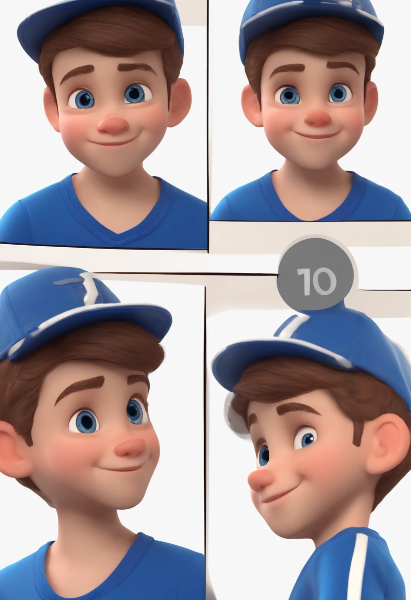 A happy cute boy standing short hair with dark blue cap , vestindo uma camisa azul , , fundo branco, barnet, Tom, Estilo Pixar, ......3d, desenhos animados, rosto detalhado, asymmetrical 16k