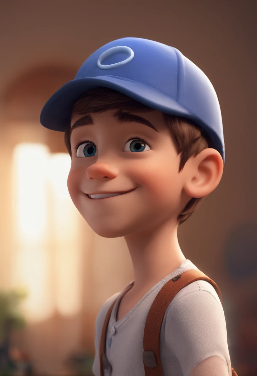 A happy cute boy standing short hair with dark blue cap , vestindo uma camisa azul , , fundo branco, barnet, Tom, Estilo Pixar, ......3d, desenhos animados, rosto detalhado, asymmetrical 16k