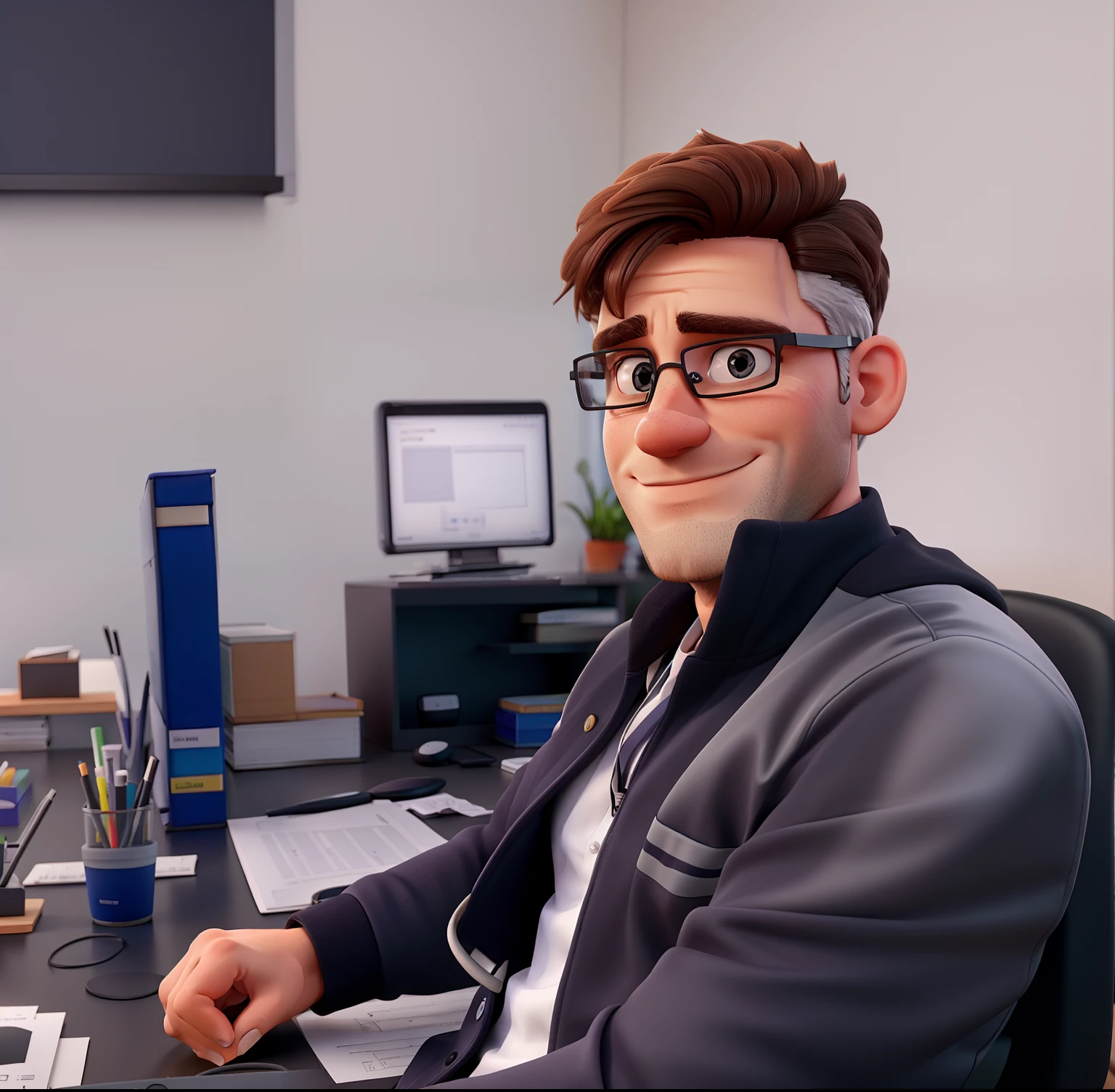 White man sitting in an office bureau, is a nutritionist, With your office in the background, It features screw-on goggles, barba e jaleco preto
