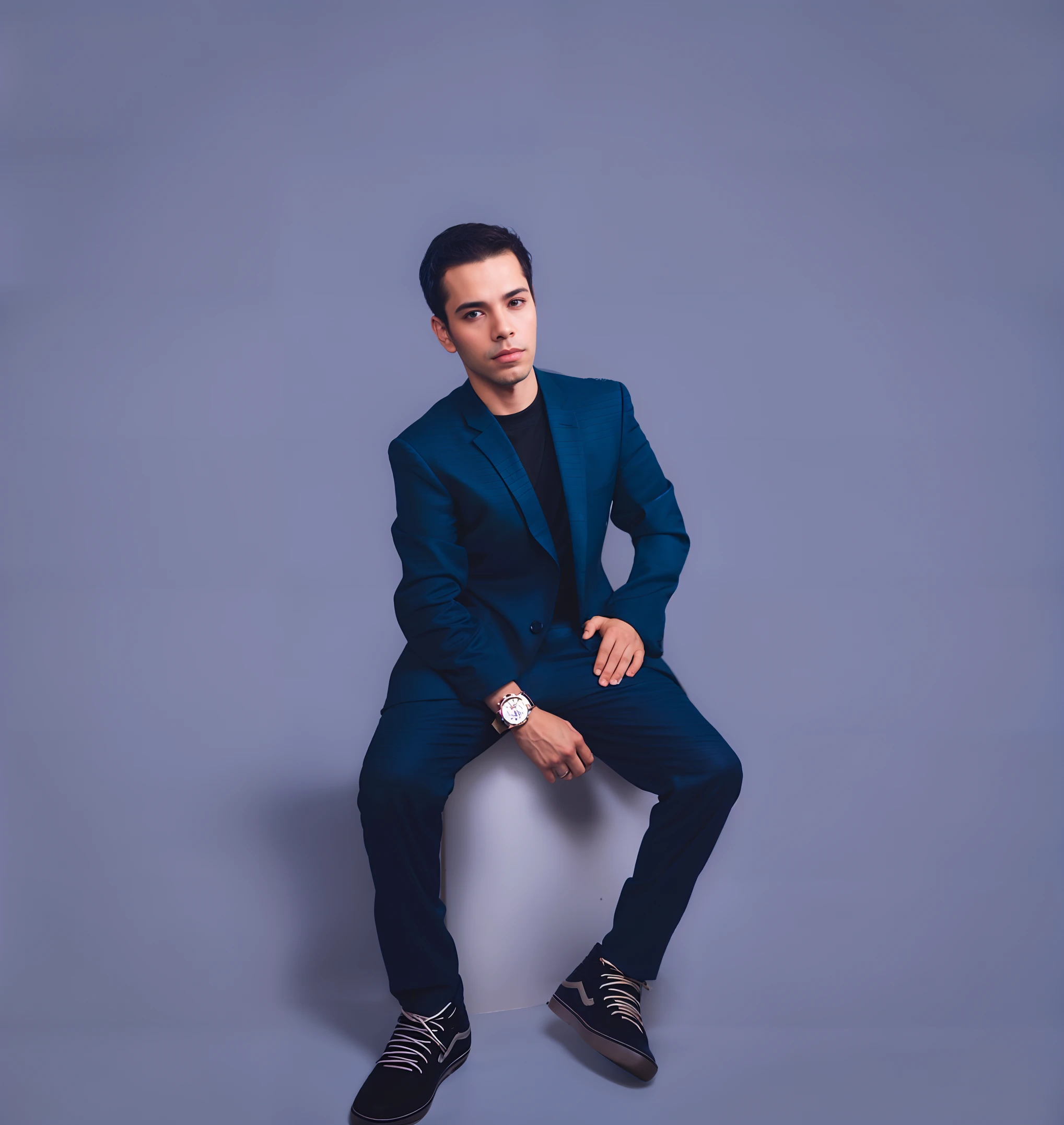 homem arafed em um terno azul sentado em um pedestal branco, photoshoot promocional, Retrato de corpo inteiro posando, retrato promocional, full body photoshoot, fazendo uma pose elegante, Full body and head shot, Pose casual, Ensaio Promocional, foto de retrato de corpo inteiro, studio portrait photo, full body photogenic shot, Foto de um ensaio promocional, vestindo terno azul escuro, imagens promocionais