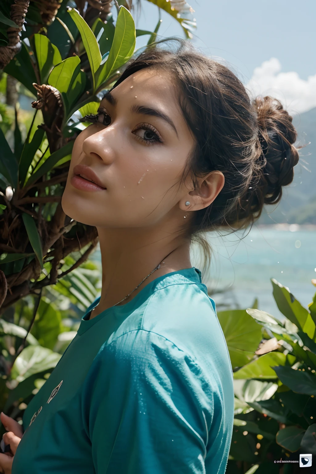 Samantha Ruth Prabhu, Low angle shot, a voluptuous woman holding her breasts, Ai Shinozaki, J-cup. Multi-colored Bikini. Body measurement of 100-70-90. Close-up on her face, beautiful round face, wink, bun, bangs. Smile, Wide Heart-shaped lips that curl up. Tanned glossy skin, Lush vegetation in background, photorealistic, Masterpiece, 8k, taniaayusiregar