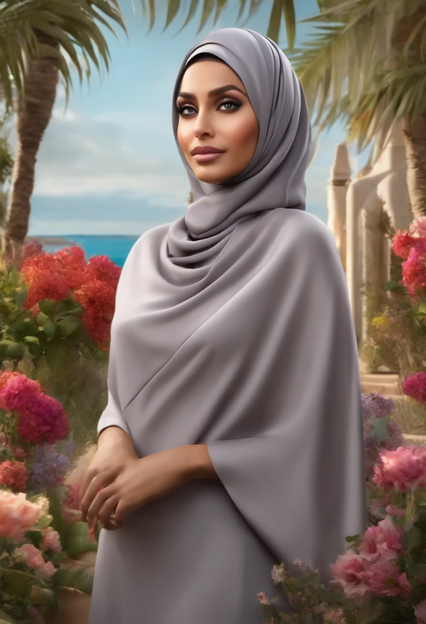 a Disney Pixar movie poster showing a woman, beautifully makeup, eyeshadow, beautiful big eyes, long eye lashes, wearing (Gray satin hijab), loosely tide hijab style, ((Taupe satin kaftan)),. The background is a beach garden. 3D-rendering