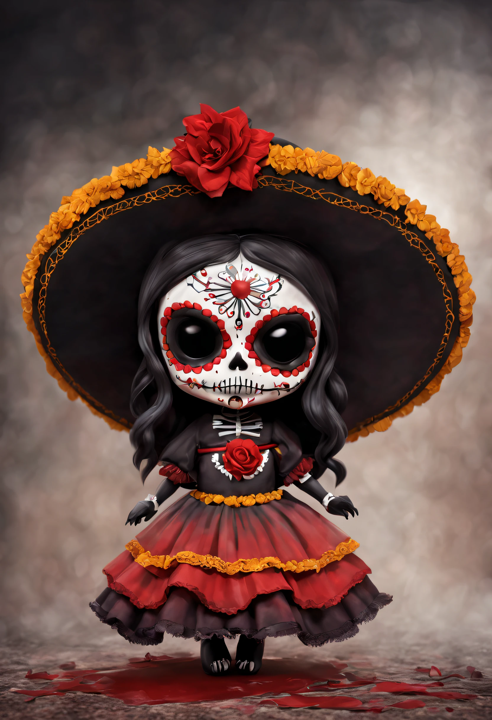 An chibi Mexican Catrina Full body, Horror, Terror, Blood, red mist, HD