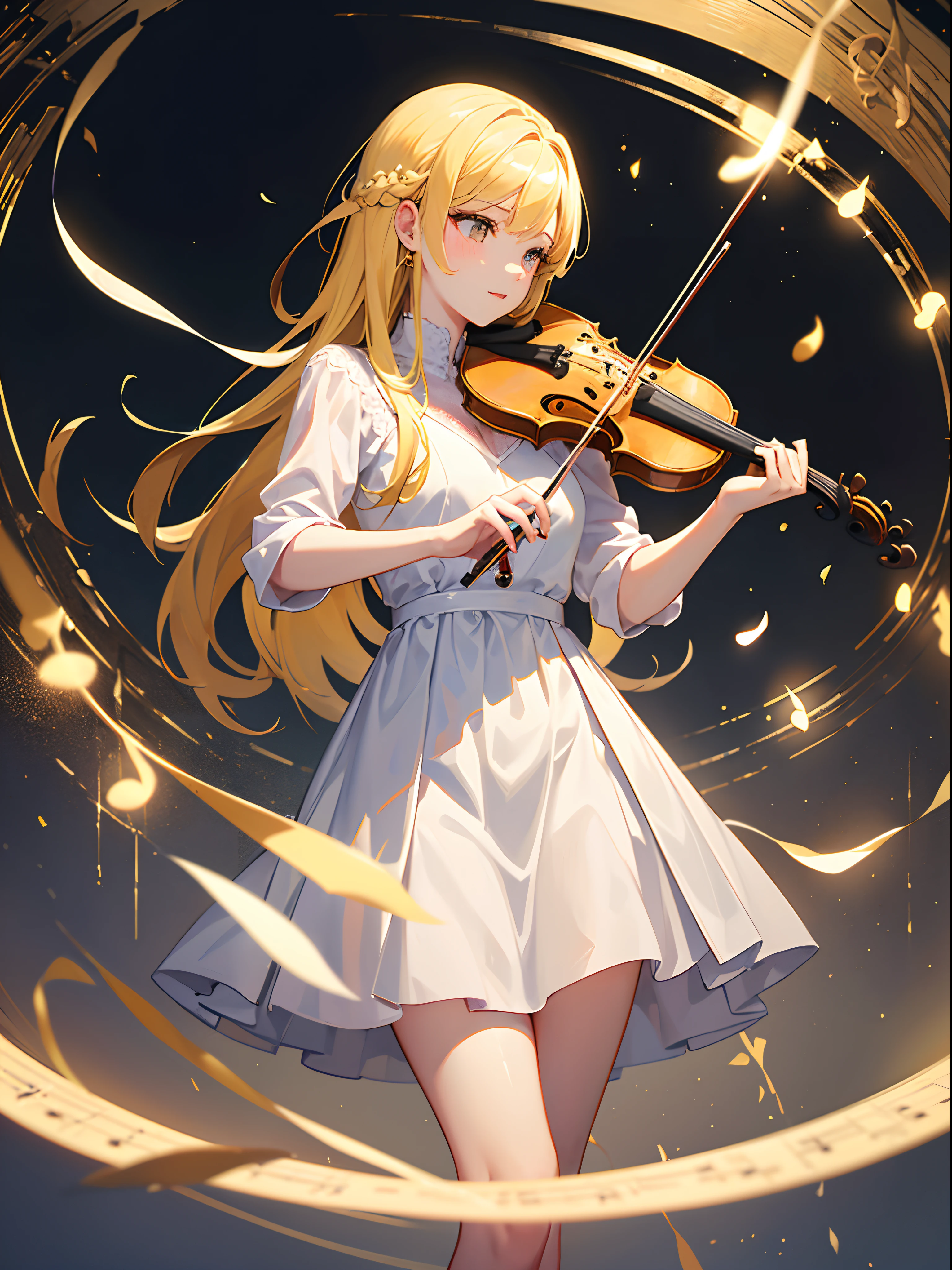 Beautiful girl perform in stage, (playing violin), play gracefully, (symphony:1.2), yellow hair, long hair, white formal dress, (floating musical notes like a magic), (glowing musical notes), (detailed musical notes:1.2), (masterpiece:1.3), best quality, (vibrant:1.2), ultra detailed