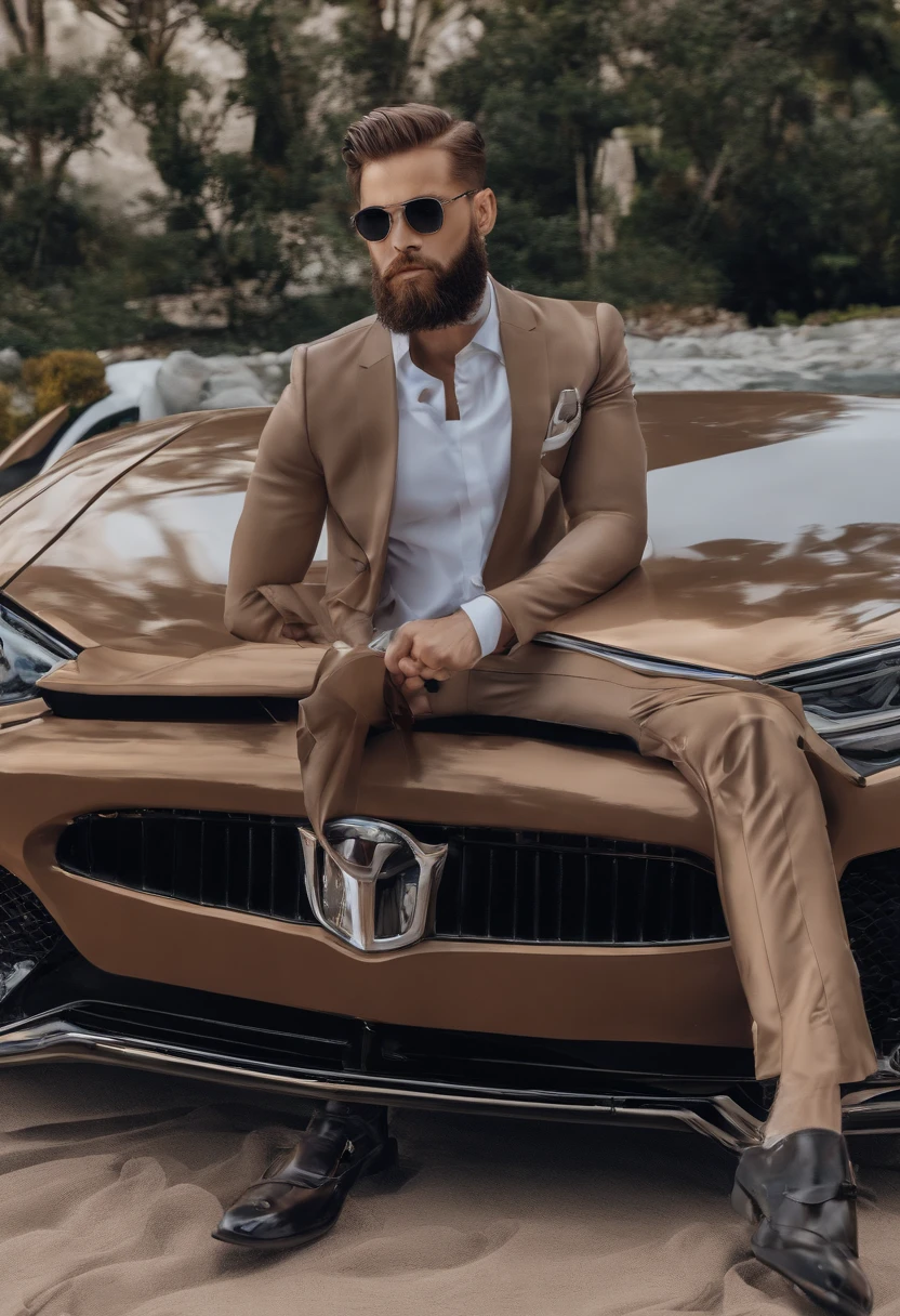 Homem, 23 anos, barba ruiva, cabelos castanhos, olhos pequenos, labios um pouco grande, sentado no banco do carro,