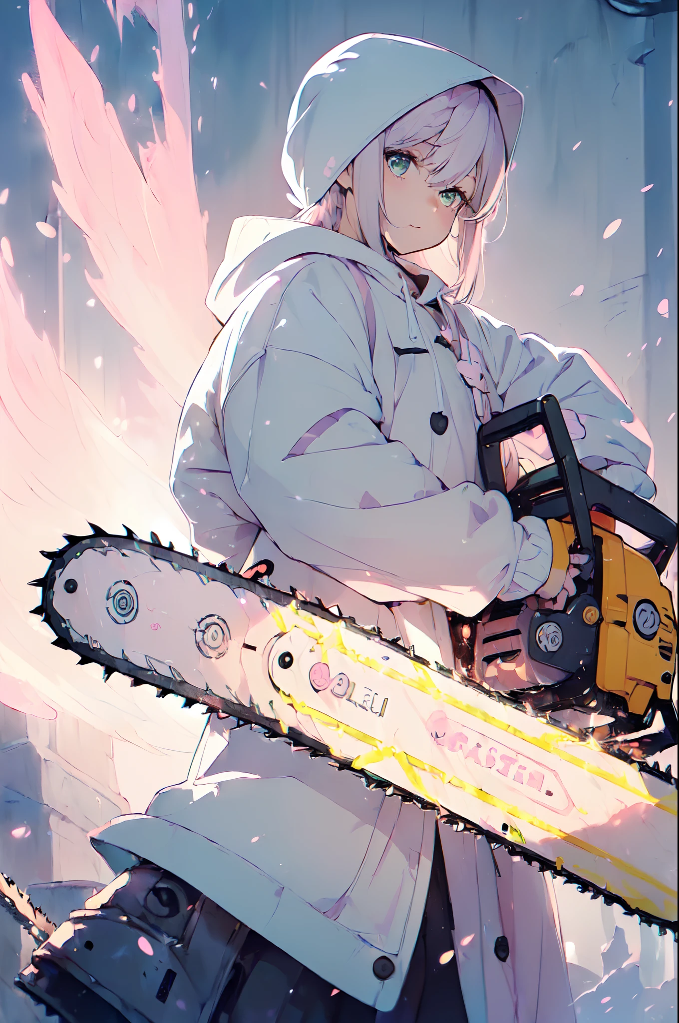 (Cute illustration:1.5),(pastel color:1.5),(Cute,kawaii,Dolce:1.2),(watercolor paiting:1.1),
1girl in,Solo,
oversized hooded jacket,
Full body,open stance,
BREAK
(A chainsaw that glows furiously:1.5)
(In his hand he holds a huge chainsaw:1.6),
(Huge and cute weapons , Huge and cute weapons:1.3),
break
Simple background,
bold outline,Flat color,fine outline,Pink outline,
nice hand, Perfect hands,Hold the chain perfectly、A chainsaw that glows furiously,long shot ,wide shot