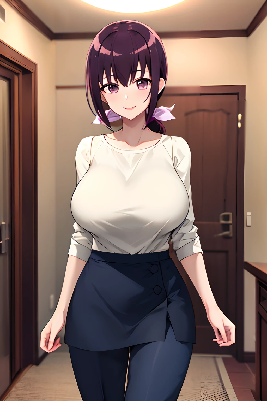 masterpiece, best quality, highres, hi1, purple hair,  purple eyes, large breasts, hair bow, skirt, pants, white shirt, cowboy shot, smile, indoors