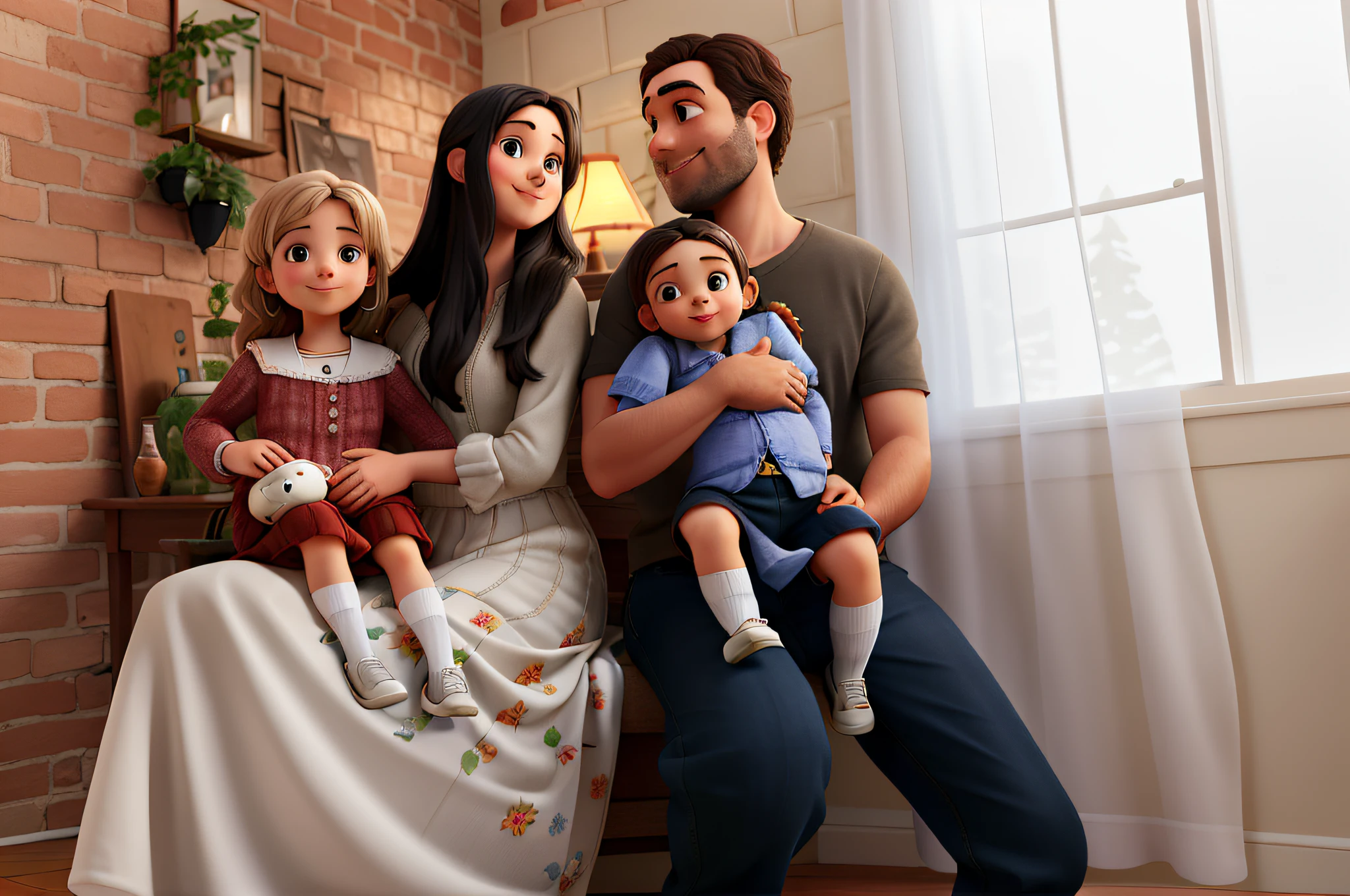 A happy family, the mother is holding her daughter on her lap and the father is holding the youngest son. In the background is a beautiful decorative brick wall and a window that is letting in soft daylight through a thin white curtain. In the background there is also a lamp and a wooden screen.