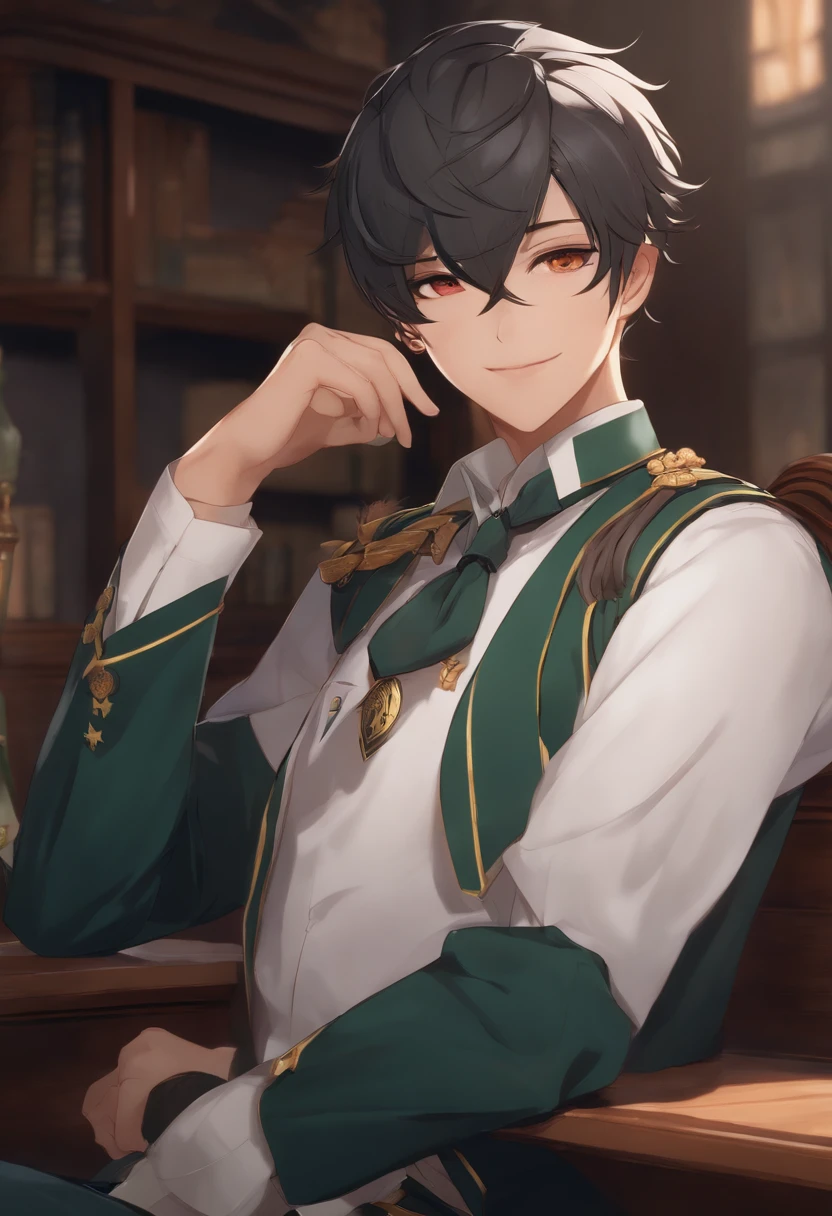 Genshin Ray leans against the table in his school uniform