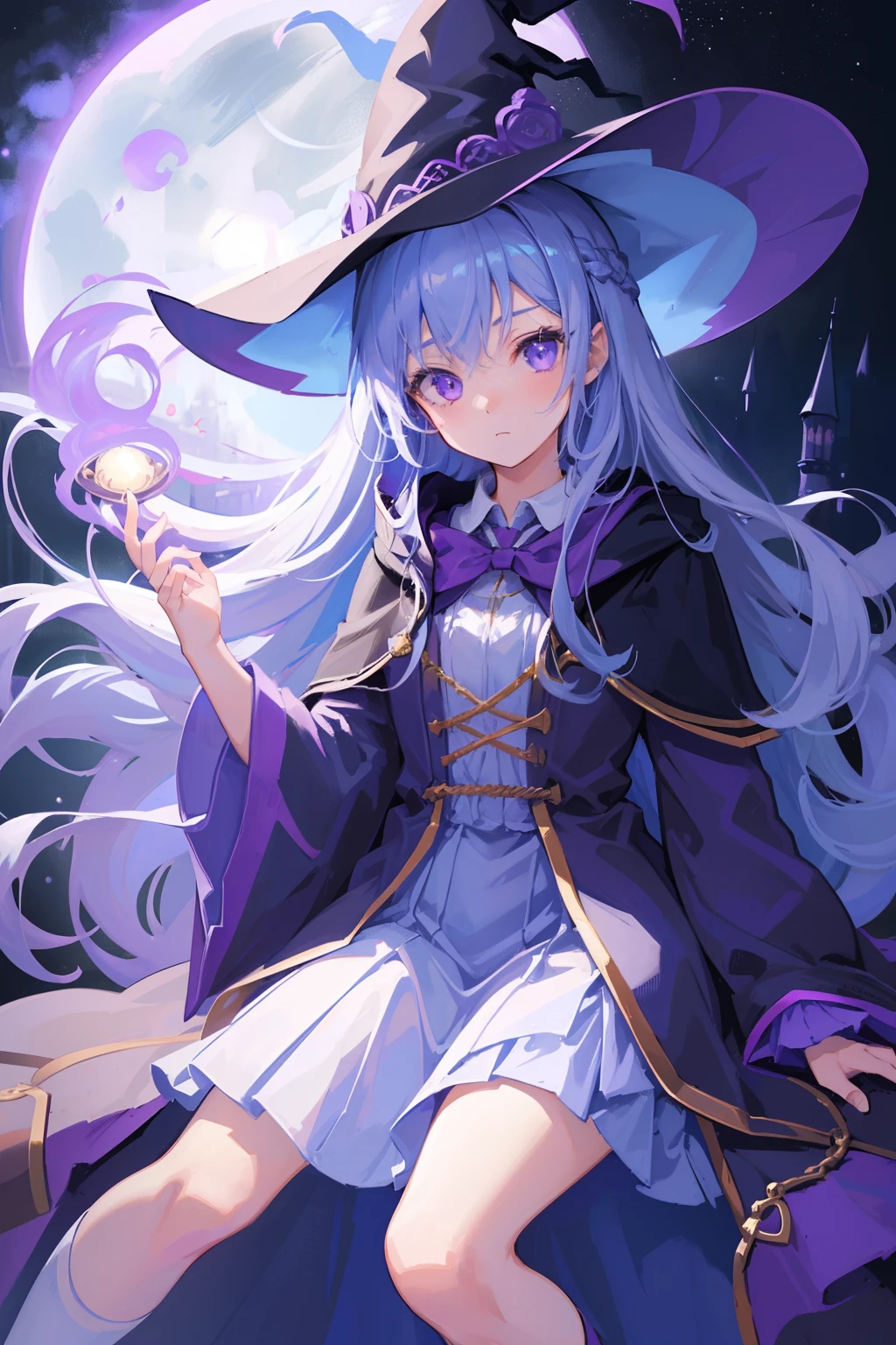 1 girl in、Light blue long hair、half up、(Purple eyes)、witch's hat、Harry Potter robes、Knee-length skirt、Drawn from diagonally in front、Looking at the camera、Stuffed cat、fullmoon、Castles、Using magic、Light on the hand、(High resolution of the highest quality)、((Masterpiece Highest Quality:1.2))